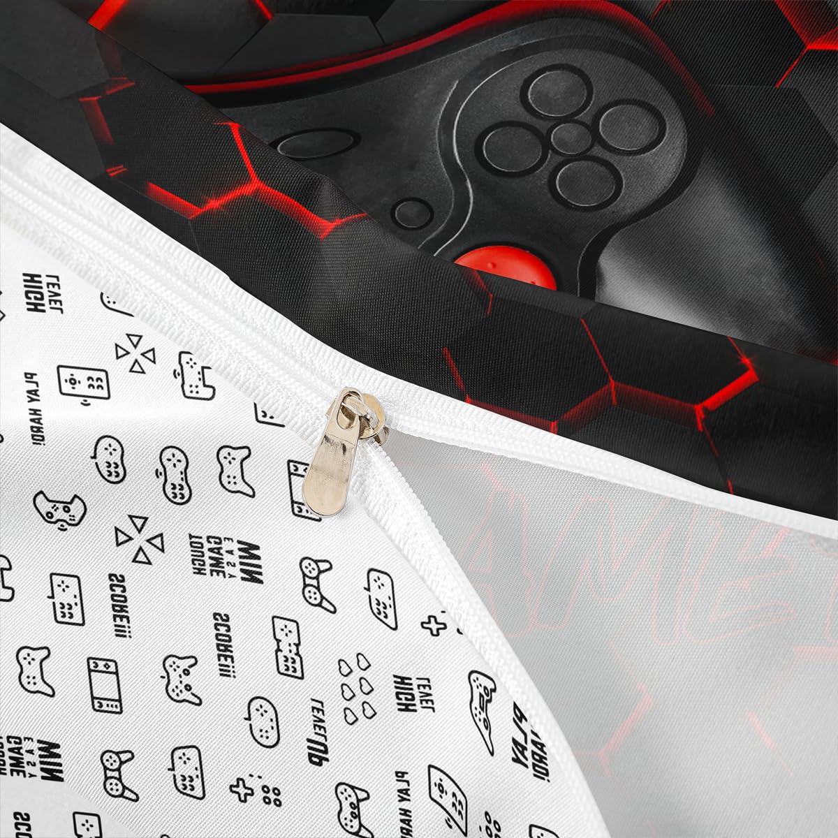 Video Games Reversible Bedding Set,Red Honeycomb Duvet Cover for Kids Teens,Hexagon Gamepad Comforter Cover Decorative Room,Console Game Controller Quilt Cover with 2 Pillowcases,King Size