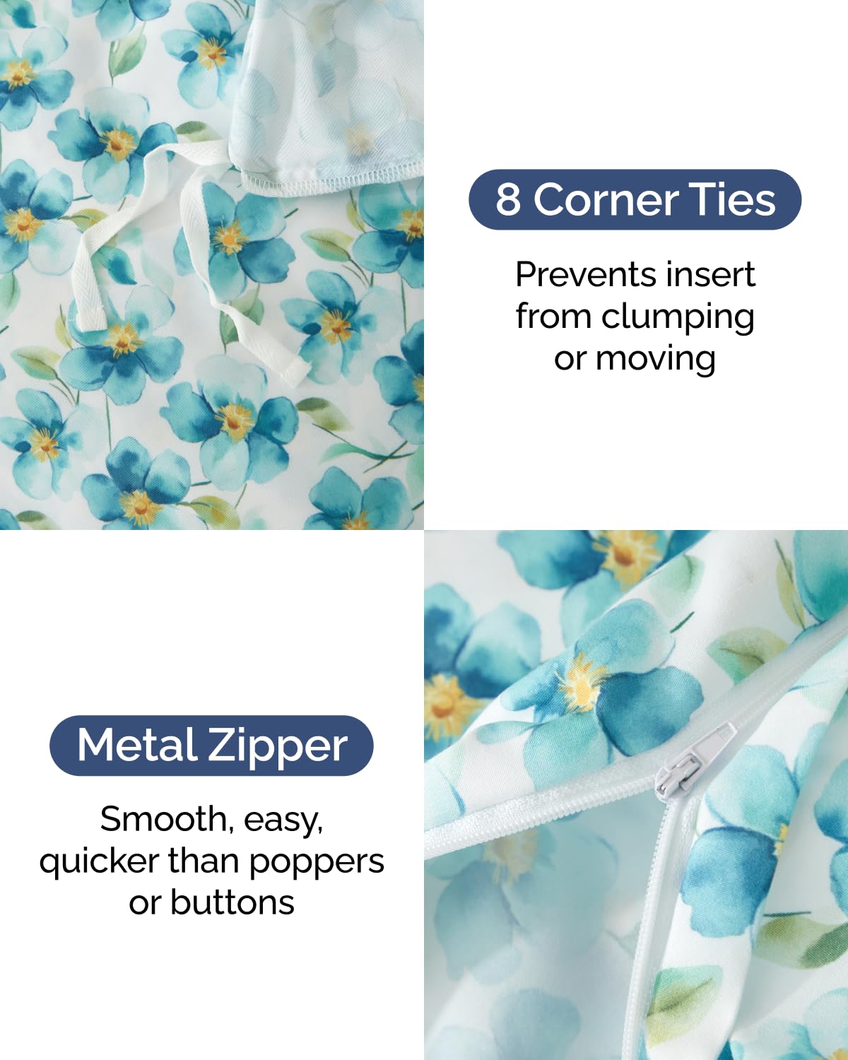 Duvet Cover Queen Size Set - Extra Soft Floral Duvet Cover 90 x 90 with 2 Pillow Shams - Comfy, Cozy, Breathable Floral Bedding Set - Hotel Luxury & Fade Free w/ Zipper Closures and Ties - Blue Peony