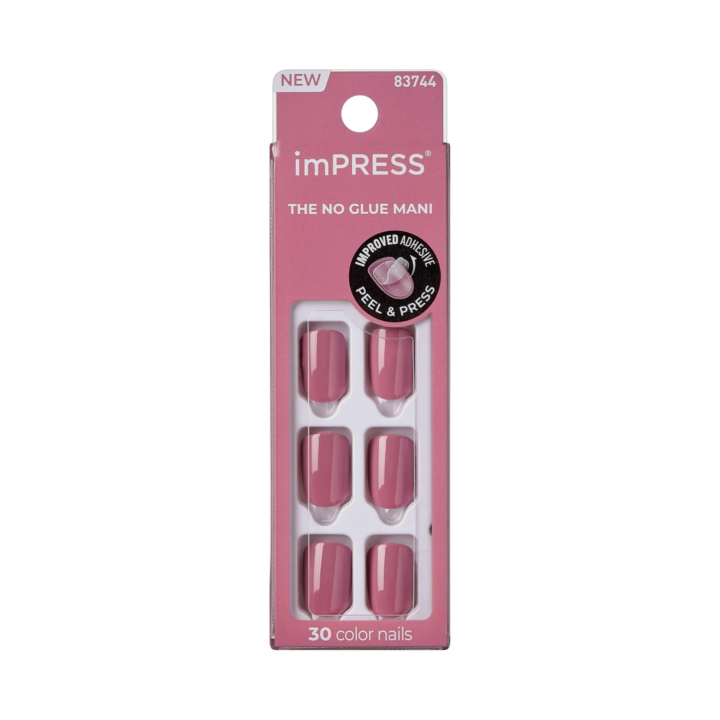Kiss Impress No Glue Mani Press On Nails Kit, 30 Petal Pink Peel and Stick Nails, Super Slim Short Squoval, Glossy Gel Finish, PureFit Technology, Includes Prep Pad, Manicure Stick & Mini File