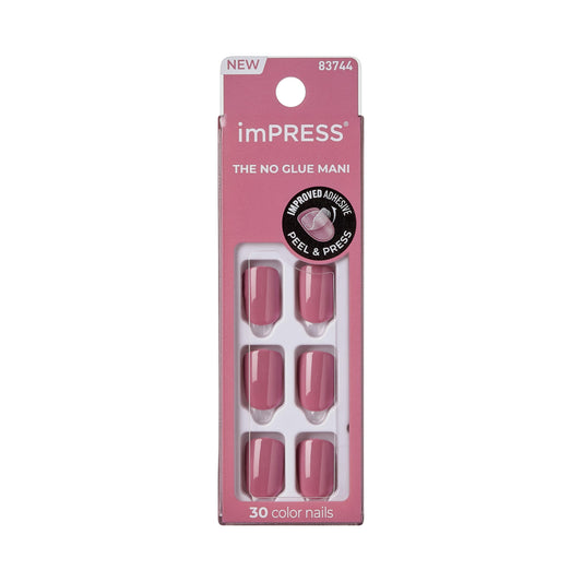 Kiss Impress No Glue Mani Press On Nails Kit, 30 Petal Pink Peel and Stick Nails, Super Slim Short Squoval, Glossy Gel Finish, PureFit Technology, Includes Prep Pad, Manicure Stick & Mini File