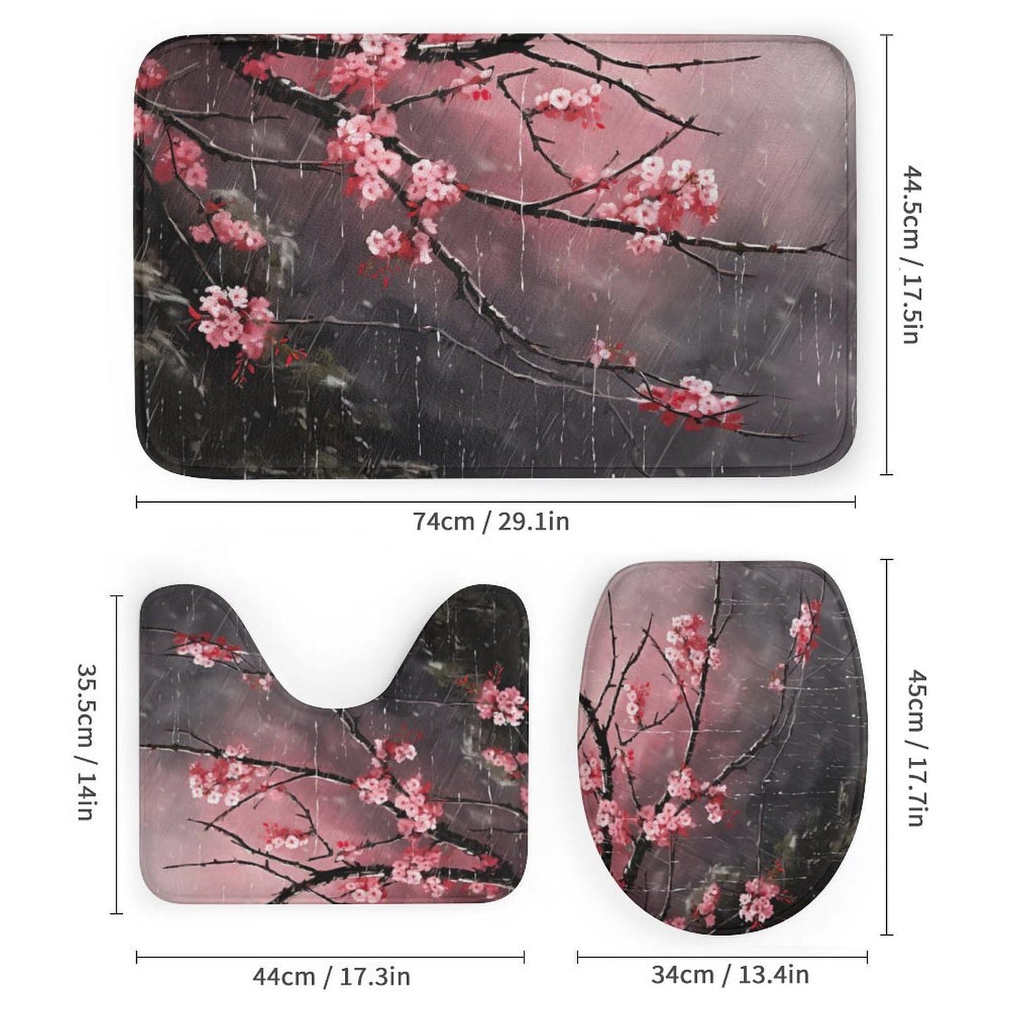 SOPIYRIO 4Pcs Cherry Blossom Pink Floral Shower Curtain Sets with Non-Slip Rugs,Toilet Lid Cover and Bath Mat, Japanese Style Shower Curtain with 12 Hooks,Bath Shower Curtain for Bathroom Decor