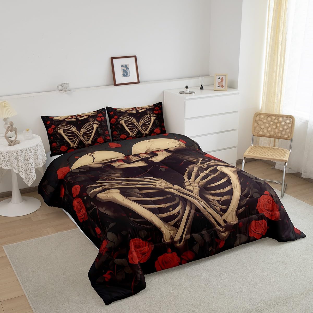 Erosebridal Sugar Skull Down Comforter Queen Size, Gothic Skeleton Bones Comforter Set, Halloween Horror Bedding Set, Rose Flower Quilt for Teens Youth Adult Women Men Room