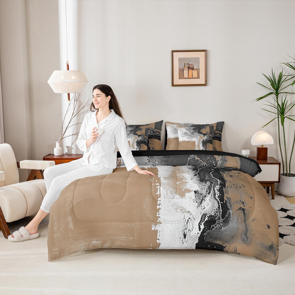 Feelyou Abstract Comforter Set with Sheets 7 Piece King Size Modern Abstract Art Bed in a Bag Kids Boys Girls Luxury Bedding Set Geometric Bedroom Decor Balck and Brown Soft Lightweight Microfiber
