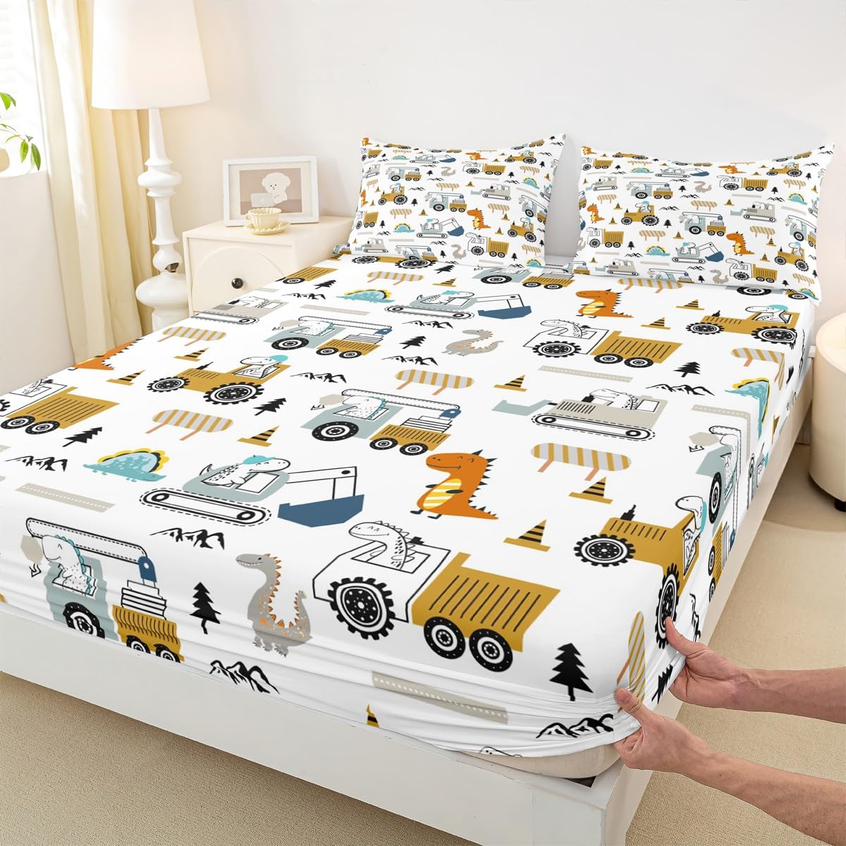 Feelyou Construction Bed Sheets Set Full Size Equipment Trucks Sheet Set for Kids Boys Girls Decor Dinosaur Sheets with Deep Pocket Fitted Sheet 3D Digital Print Yellow Bedding Set Bedroom