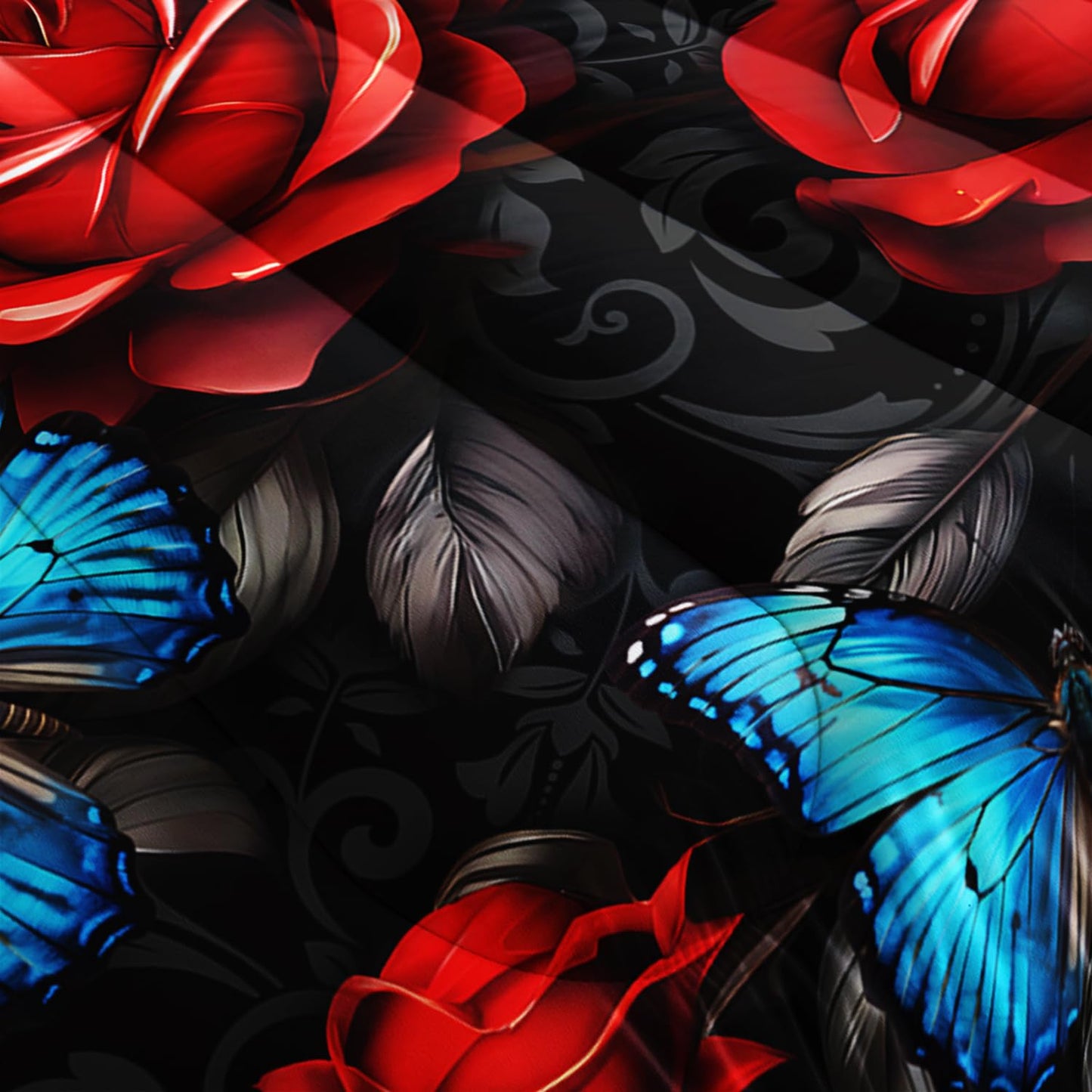 UEVBF Black Red Rose Comforter Sets,Blue Butterfly Comforter Set Queen Bedding Sets for Girls Women Bedroom Decor,Romantic Floral Themed Bedding Soft Lightweight Comforter Sets with 2 Pillowcases.