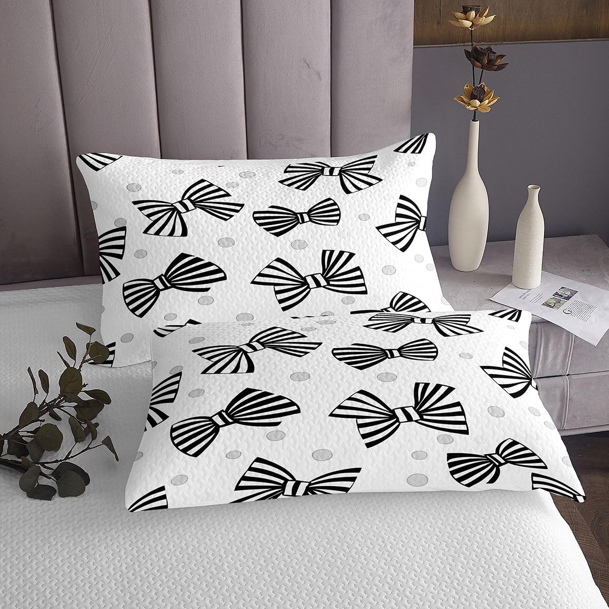 jejeloiu Black White Bow Bedspread Queen Size Stripes Wave Point Coverlet Set Dreamy Princess Quilted Coverlet for All Season with 2 Pillowcases Microfiber Lightweight