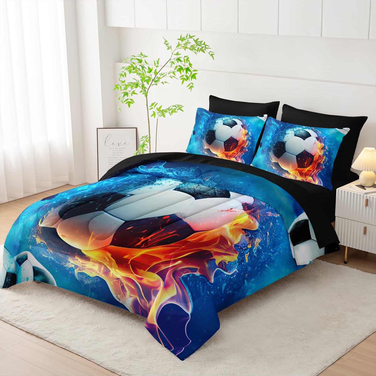 AILONEN Kids Soccer Comforter Set Full Size,7-Piece Soft Bed in a Bag,Ice and Fire Sport Boys Soccer Comforter & Fitted Sheet with Flat Sheet & 2 Pillowcases,2 Pillow Shams for Bedroom