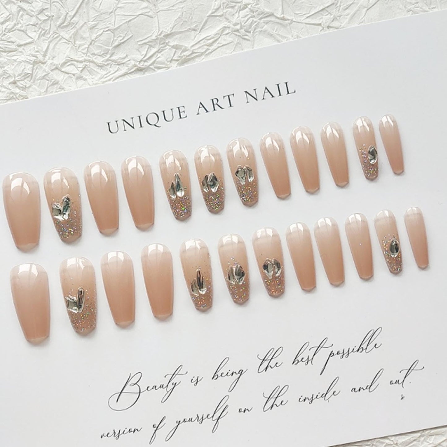Hkanlre Rhinestones Press on Nails Nude Long Fake Nails Tips Full Cover Coffin False Nails for Women and Girls 24PCS