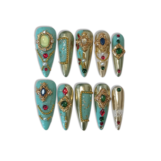 TENPAL Handmade Palatial Press On Nails Long Stiletto,Heirloom Chrysoberyl & Ruby Inlaid Designs Glue on Nails, Artisan Cameo False Nails 10Pcs with Tools Kit,Reusable Wedding Fake Nails for Bride(S)