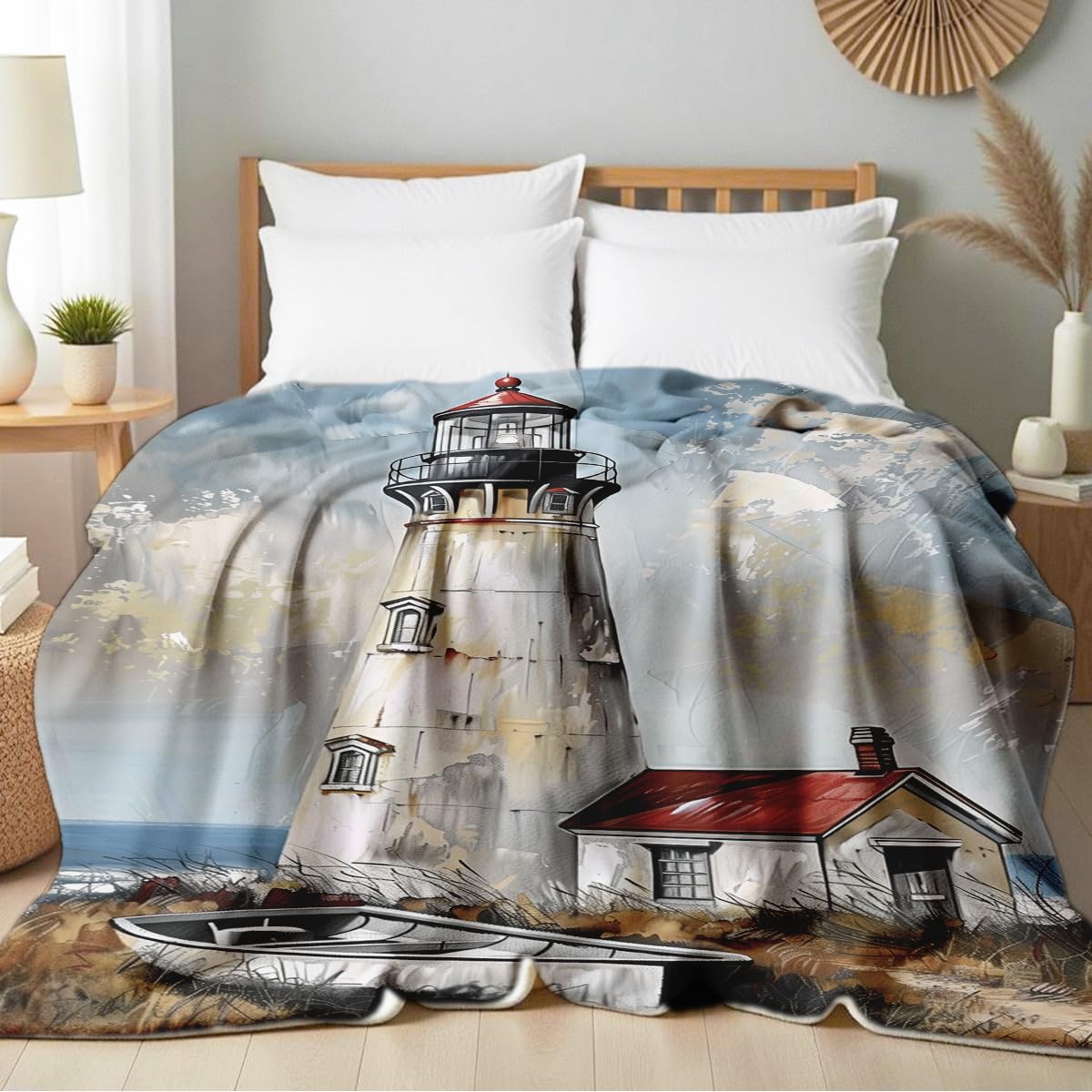 HUNXIAOJ Lighthouse Print Throw Blanket Coastal Flannel Blanket for Couch Bed Nautical Lighthouse Throw Soft Bedding Beach Bedroom Decor Gifts (49"x59")