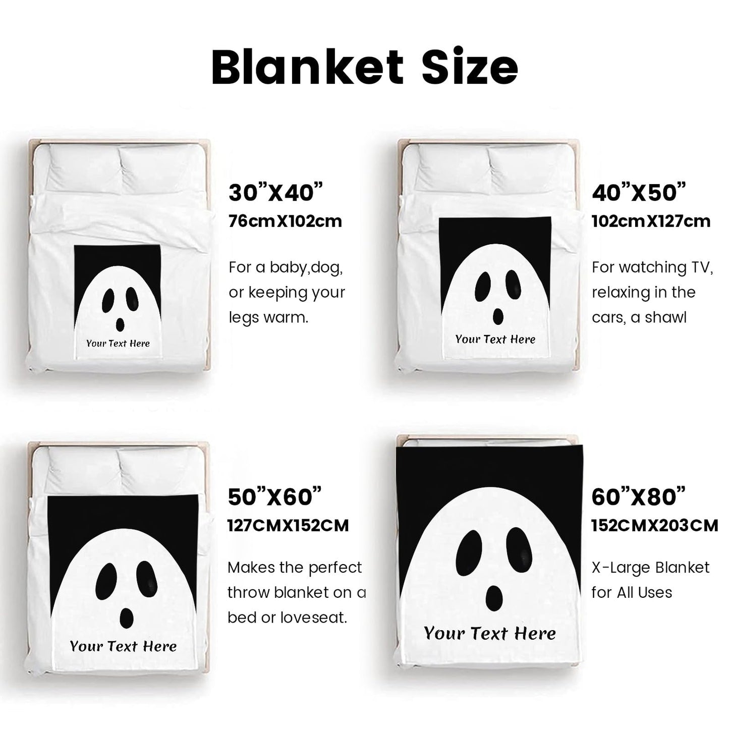 CUSFOU Halloween Throw Blanket Ghost, Personalized Blanket with Name, Cozy Flannel Blanket for Bed Couch Living Room, Black, 50" x 60"