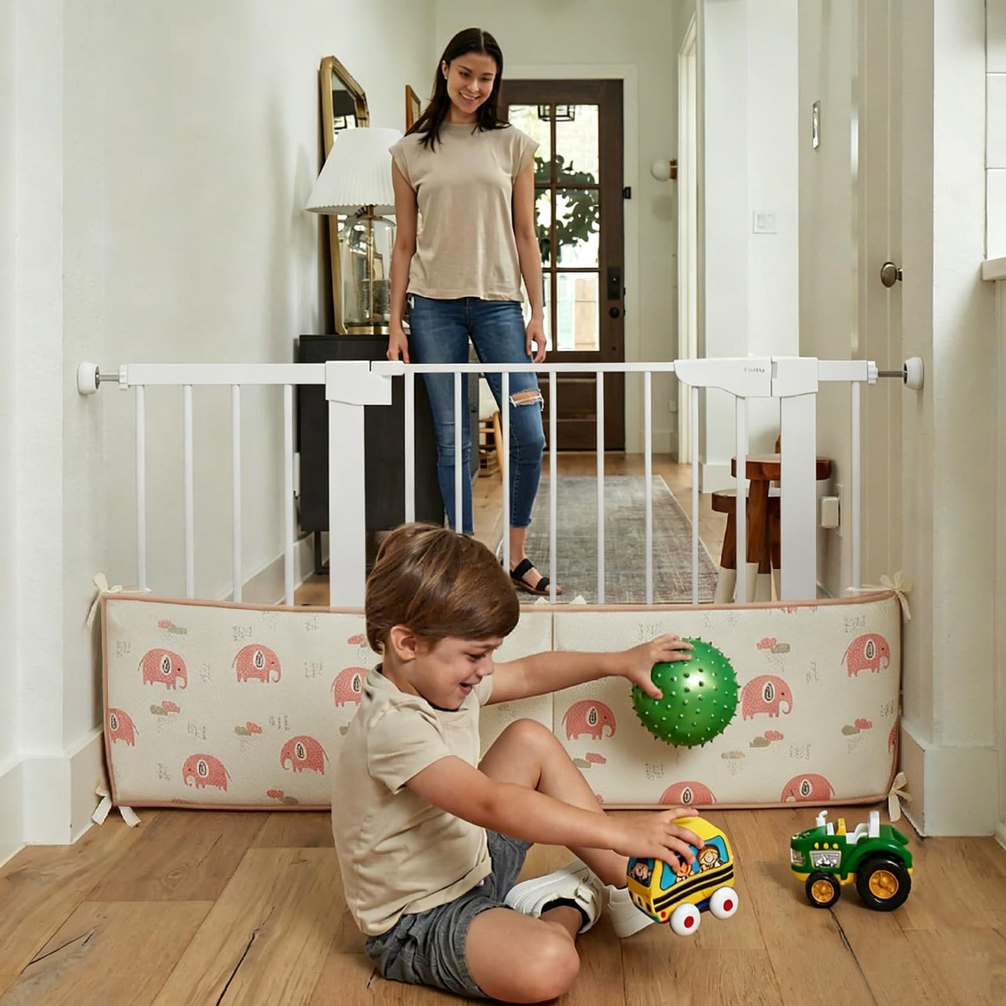 4pc Soft Edge Protection for Children,Long 51.18 and Short 26,77 Inches,Anti-Collision, Straps for Stair Railings, Floor Beds, Play Areas & Indoor Safety Spaces, Easy to Install, Washable (Khaki)