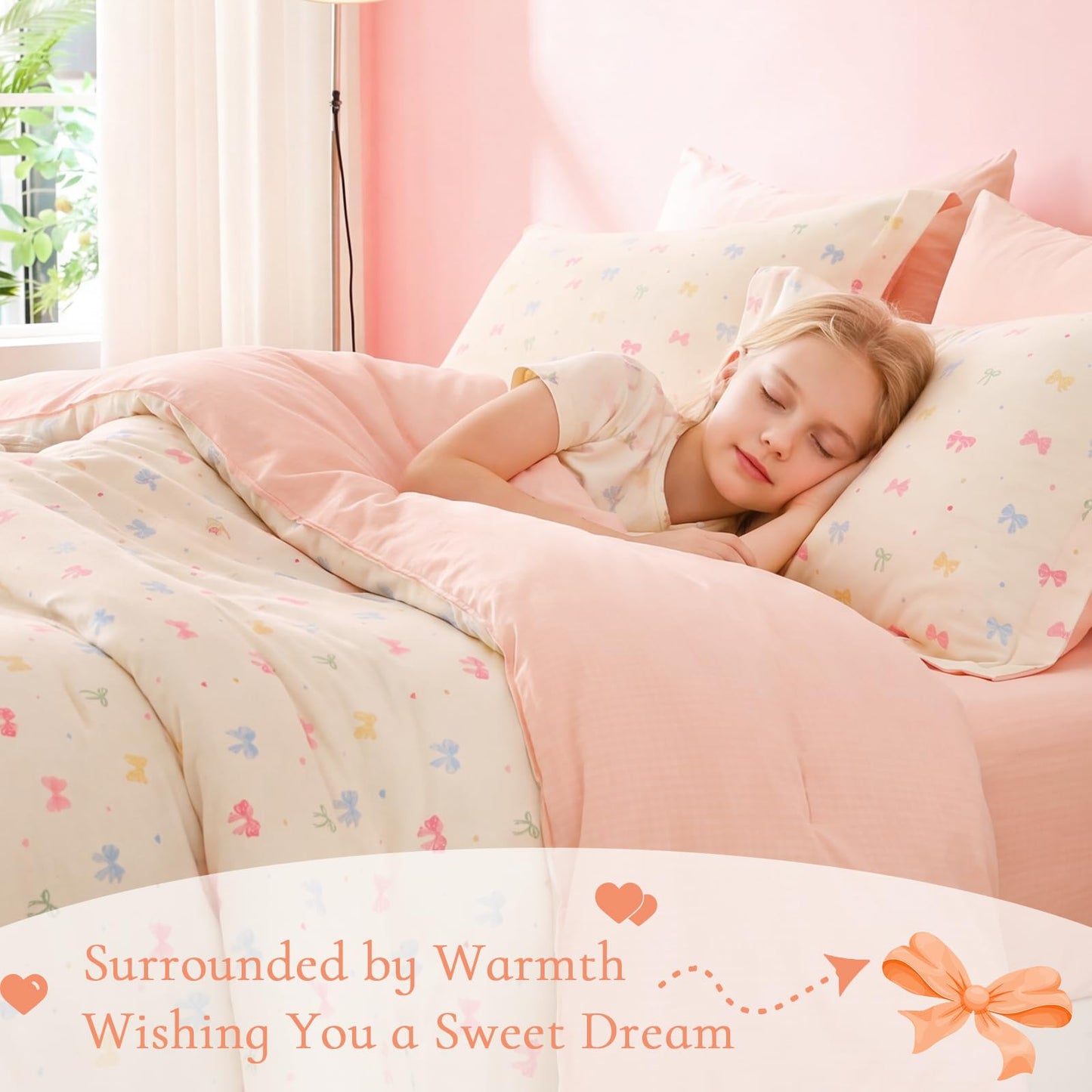 Wajade 7 Piece Colourful Bow Comforter Set for Girls Twin Size Cute Bedding Set Bed in A Bag (1 Comforter, 1 Flat Sheet, 1 Fitted Sheet, 2 Pillowcase and 2 Pillow Sham)