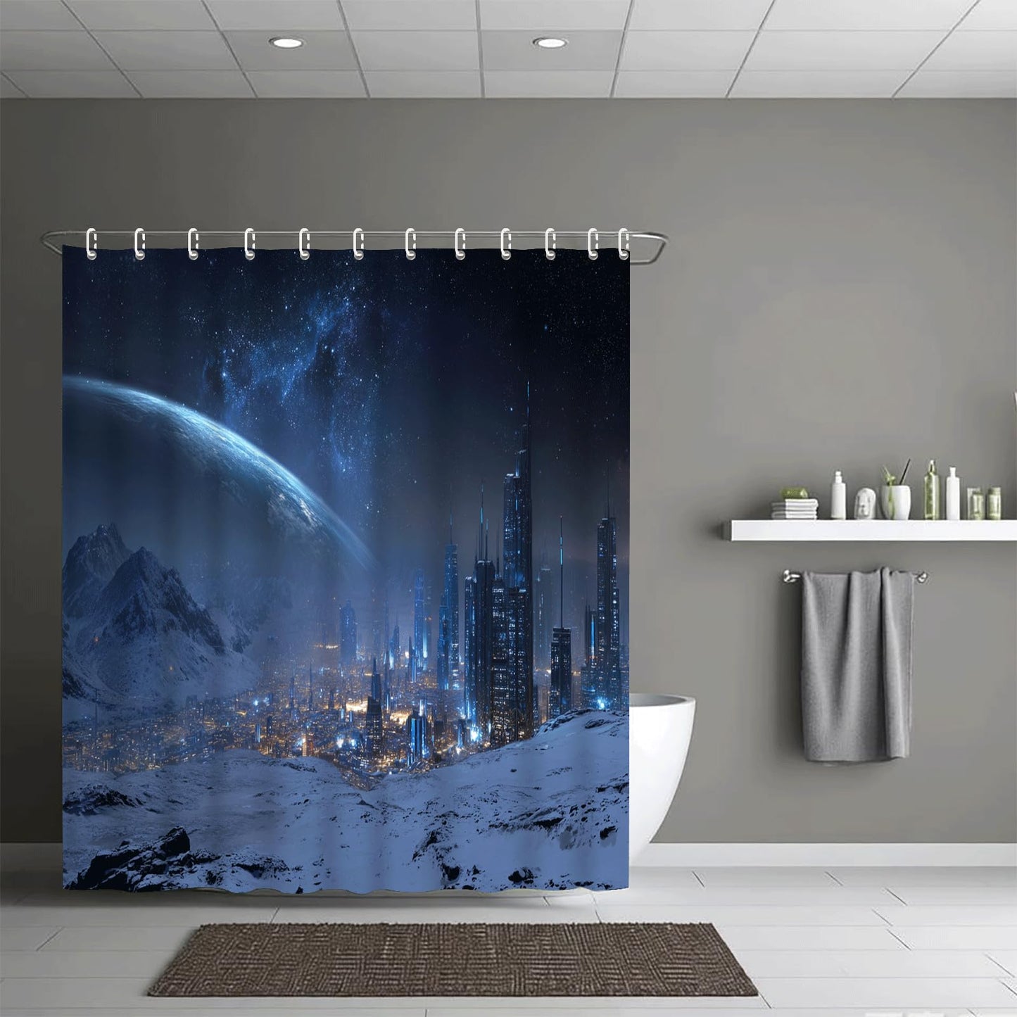 ZROLUW Blue Starry Sky Shower Curtain,48" W x 72" L Snow Mountain City Landscape Shower Curtains for Bathroom, Fabric Bath Curtain Sets Decor with Hooks