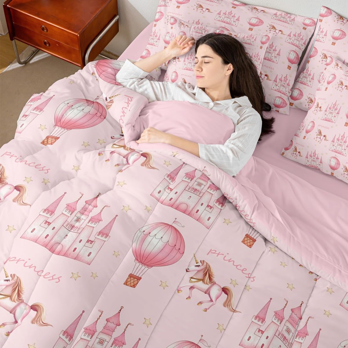 Feelyou Castle Comforter Set Queen Size 7 Pieces Princess Style Bedding Set Cute Bed in a Bag with Comforter, Sheets, Pillowcases, Cushion Covers Girls Dreamy House Bedroom Decor Fairytale Quilted