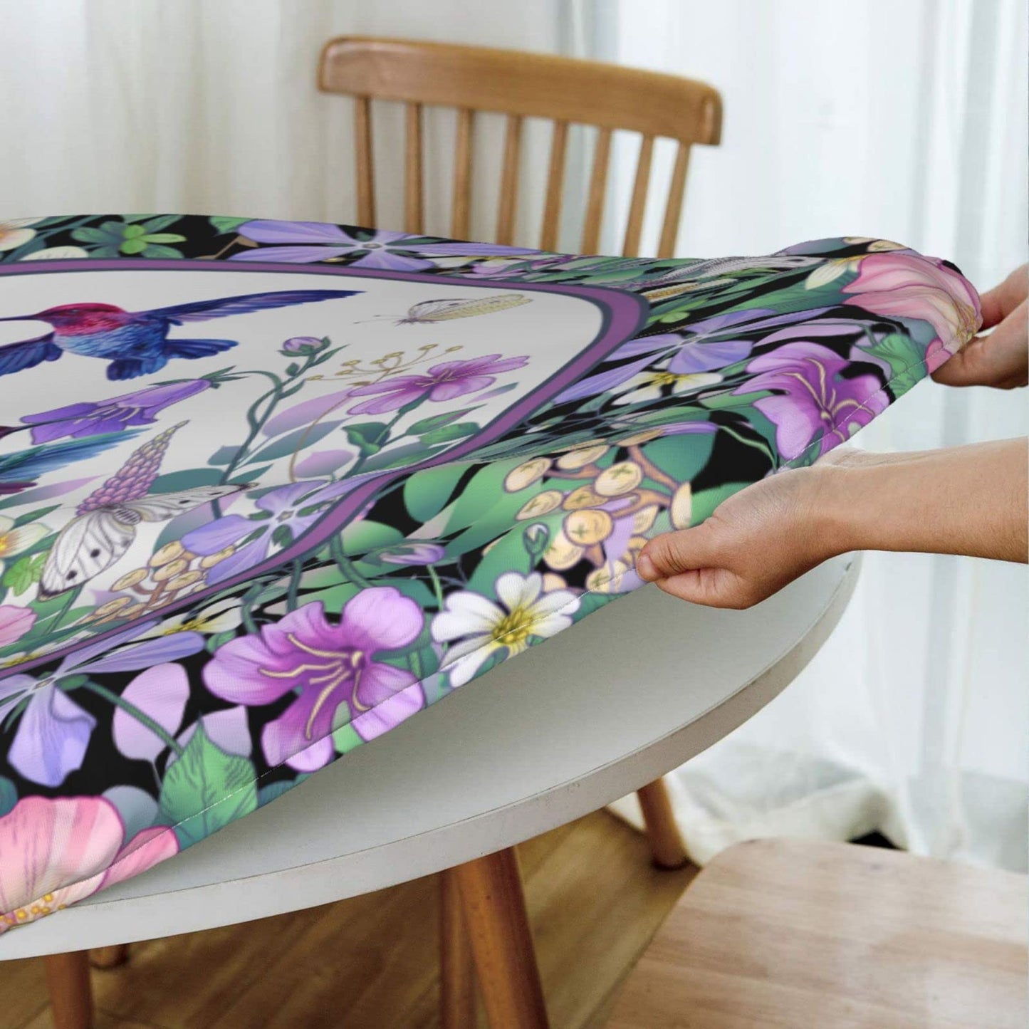 Hummingbird Flower Tablecloths Elastic Fitted Tablecloth Round Table Cover for Dining Party Indoor Outdoor 45-50 inch