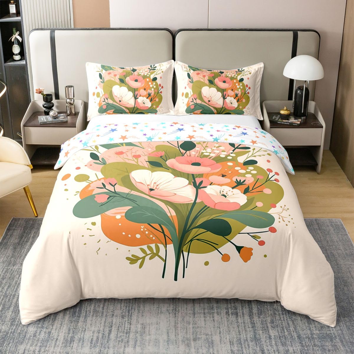 Erosebridal Pink Floral 100% Cotton Duvet Cover Full Flower Blossoms Bedding Set for Kids Girls Boys Adults Spring Leaf Floral Comforter Cover Beige Pink Bedclothes 3 Pcs