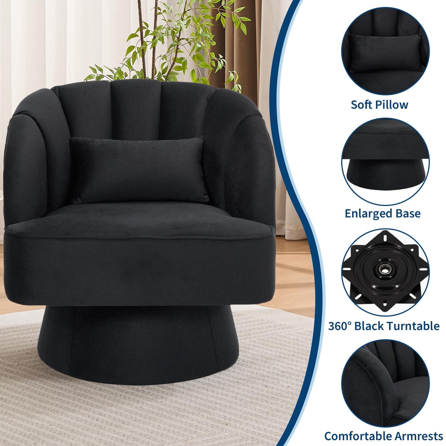 Garvee Ultra-Plush Swivel Accent Chair, 360° Barrel Lounge Chair with Cloud-Like Padding & Modern Striped Backrest, Velvet Upholstered Round Armchair for Living, Bedroom Reading Nook - Black