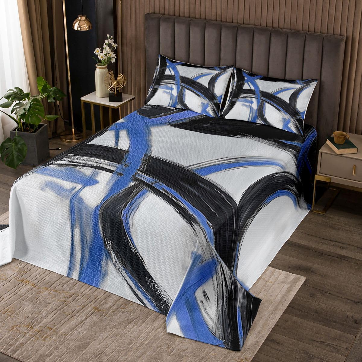 jejeloiu Blue and Black Striped Bedspread Quilts Abstract Gromment Stripes Coverlet Set King Size for Kids Boys Girls Modern Geometric Quilted Coverlet for All Season with 2 Pillowcases Microfiber
