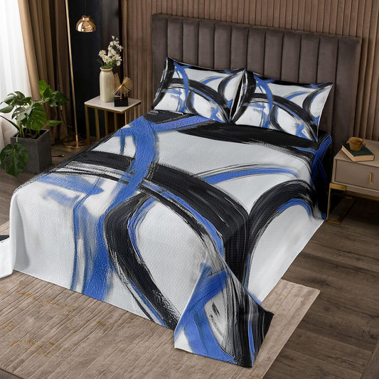 jejeloiu Blue and Black Striped Bedspread Quilts Abstract Gromment Stripes Coverlet Set King Size for Kids Boys Girls Modern Geometric Quilted Coverlet for All Season with 2 Pillowcases Microfiber