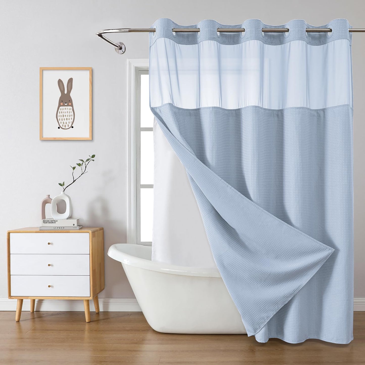 eachope FrostBlue Long No Hook Waffle Weave Shower Curtain with snap-in Liner Replacement, 230GSM Waterproof Fabric Hotel Shower Curtain Set for Bathroom, Through Mesh Top Window,71Wx80H