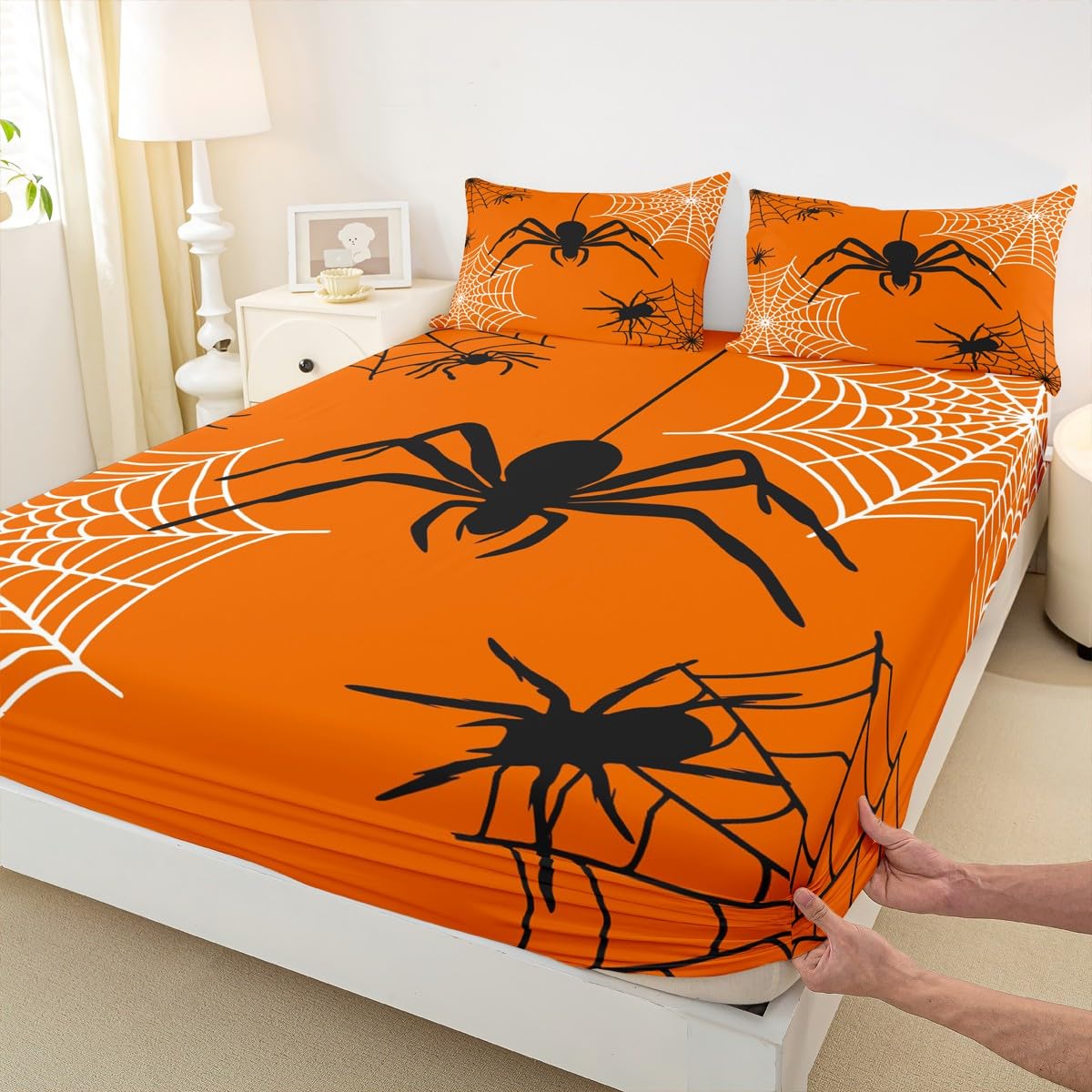 Castle Fairy Halloween Bed Sheets Full Size 4 Pcs,Black Spider Wild Animals Bedding Set for Kids Teens Adults,Black White Spider Web Grid Sheet Set with Flat,Fitted Sheet,2 Pillowcases