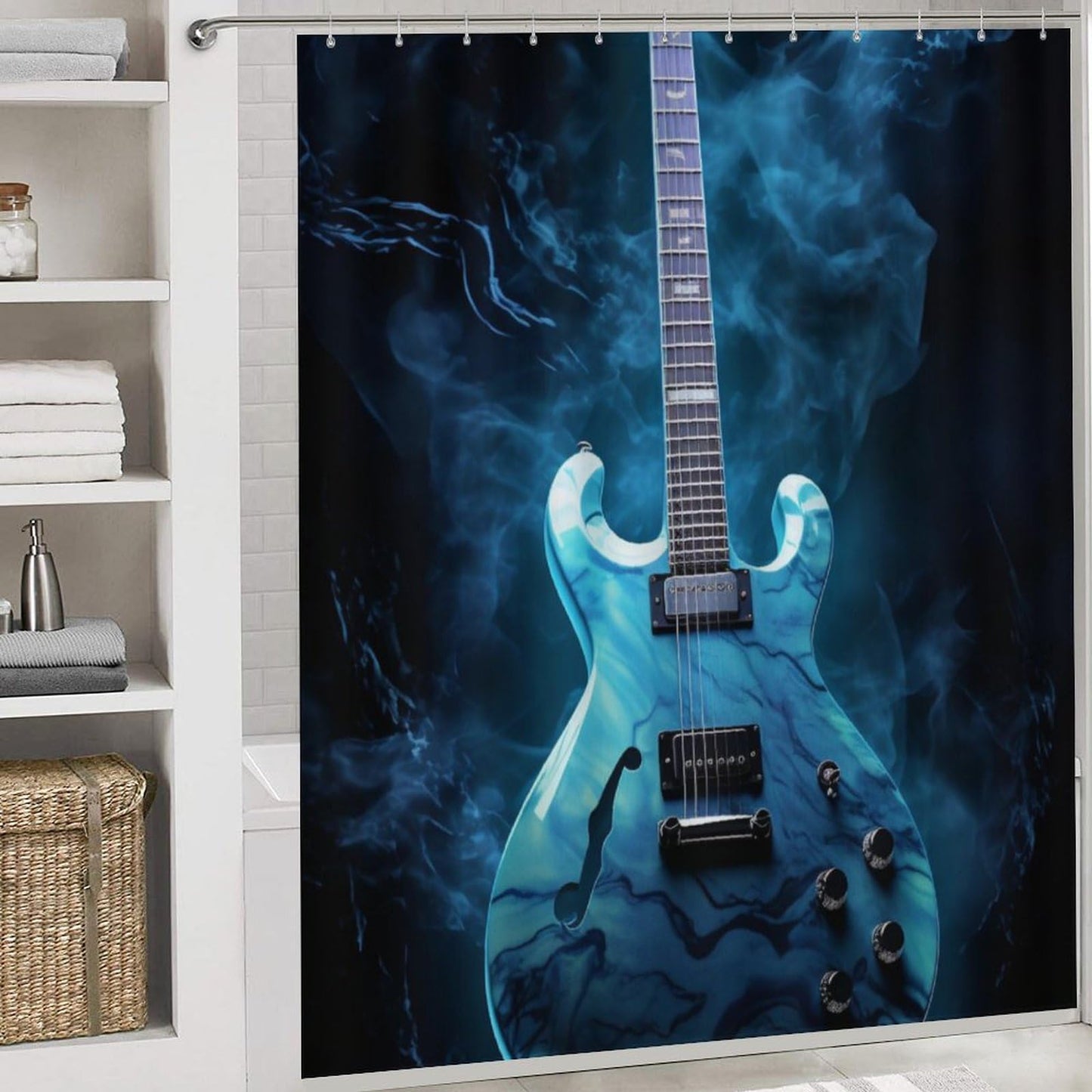 FOCCAFB 4 Piece Vintage Guitar Shower Curtain Set with Rugs, Vintage Musical Instrument Include Bathroom Non-Slip Floor Mat, U-Shaped Bath Rug and Toilet Cover Lid with 12 Hooks