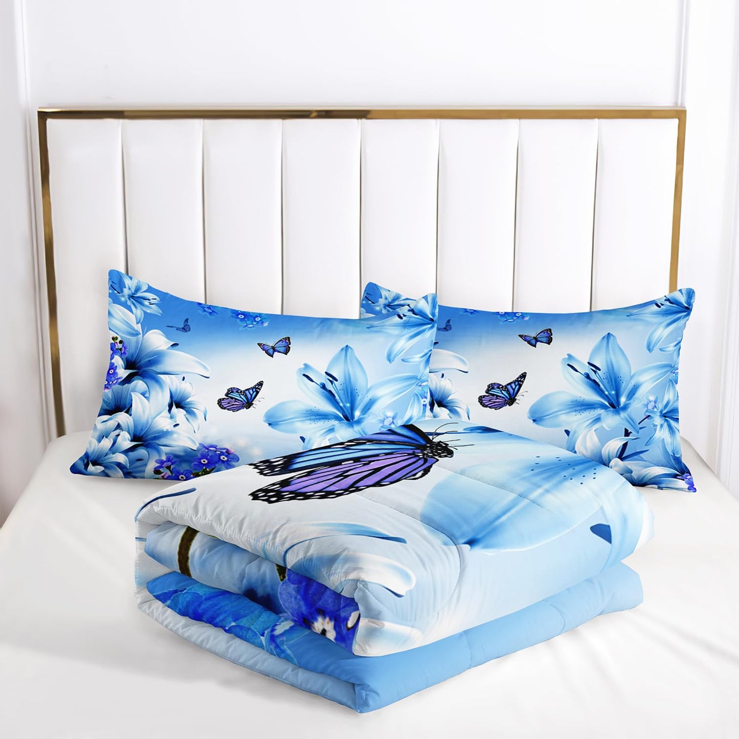 AILONEN Butterfly Girls Comforter Set Queen Size, Blue Lily Flowers Bedding Set for Kids Teen,Animals Botanical Floral Duvet Set 3 Pieces,1 Quilt and 2 Pillowcases