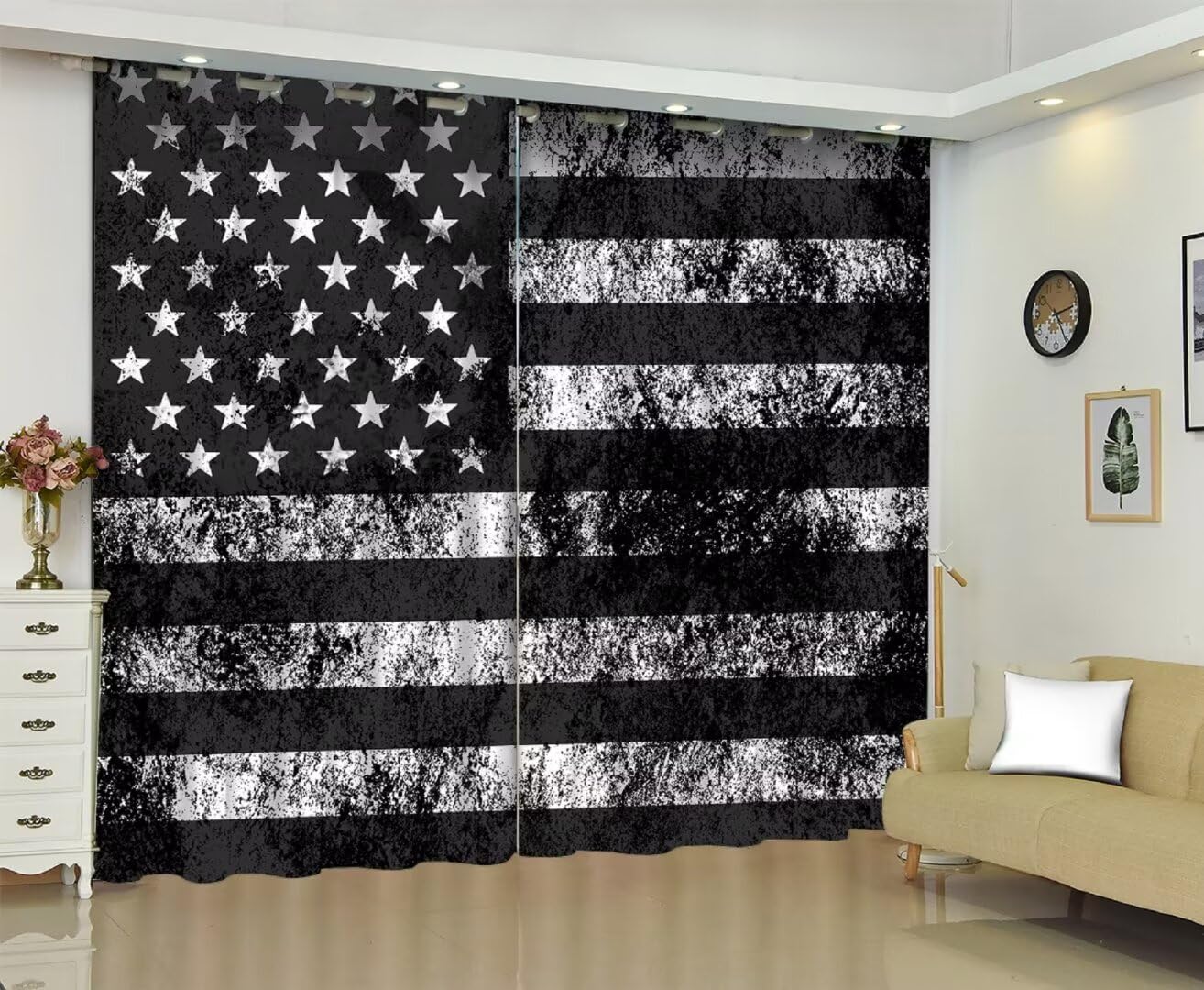 kxry Black and White USA American Flag Blackout Curtains for Bedroom Living Room US Stars Darkening Grommet Curtain 63 Inches Long Window Drapes Treatment Room Decor,2 Panels Set, 42''W x 63''L