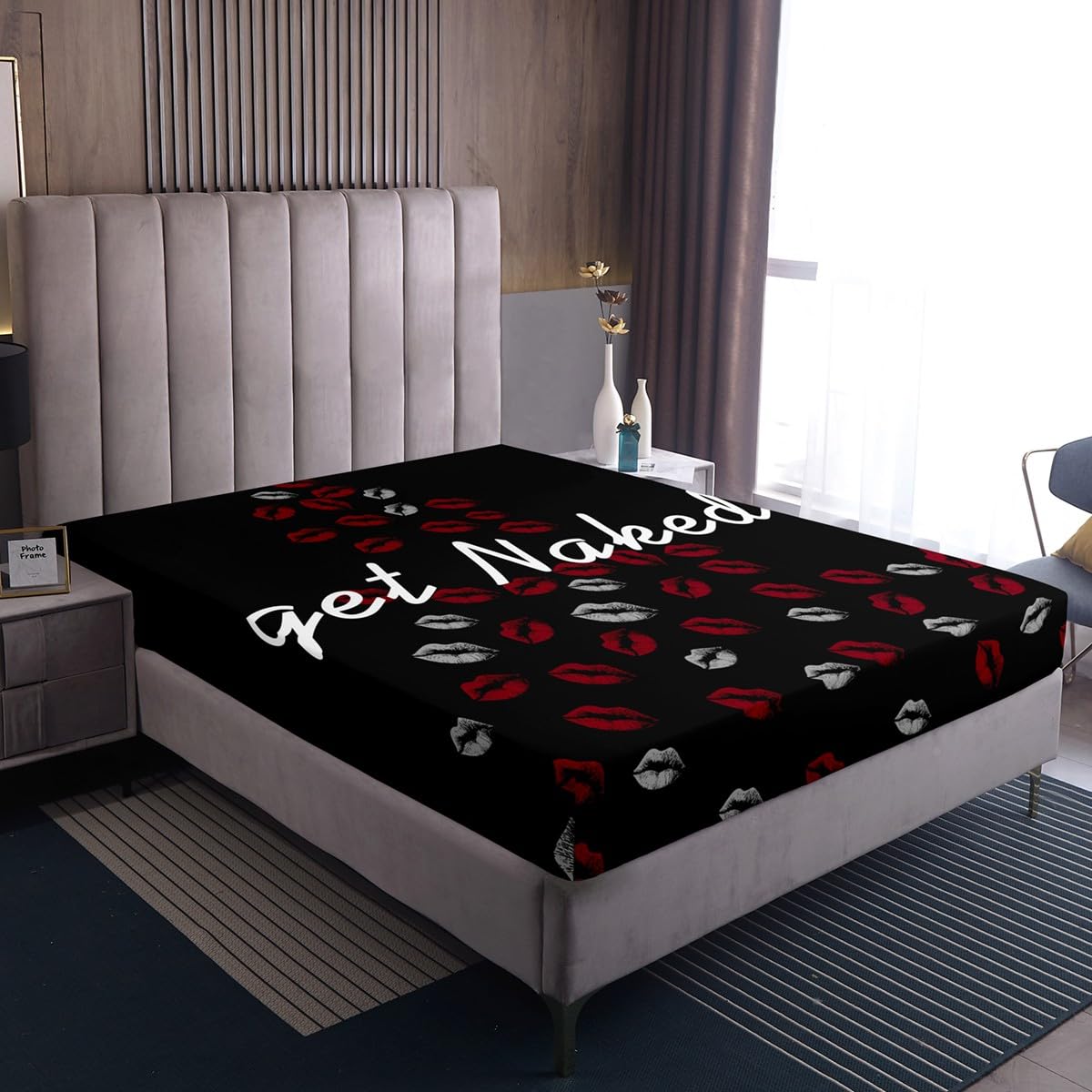 Get Naked Bed Sheet Set Sexy Red Lips Fitted Sheet & Pillow Sham Set for Men Women Couple Lover Funny Quotes Kiss Bedding Set Ultra Soft Decor Black and White Bed Cover No Flat Sheet Full Size