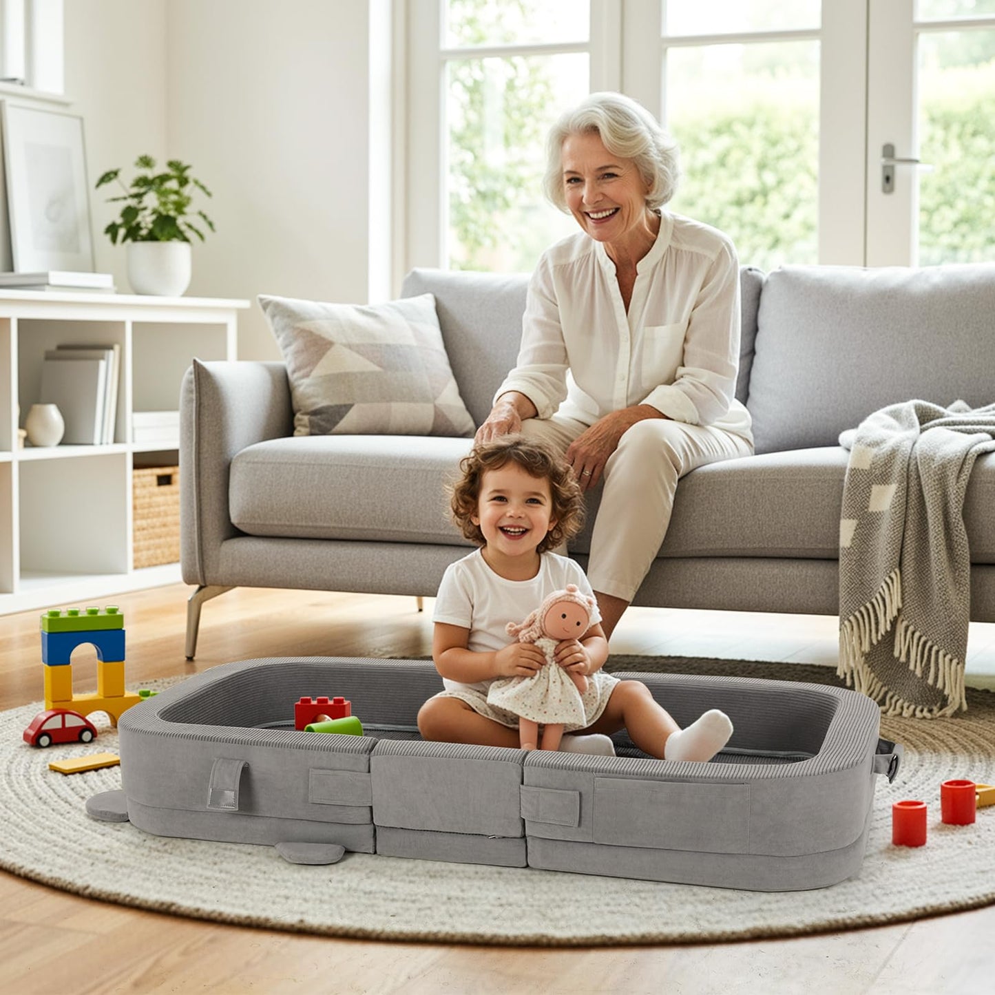 MAMIZO Toddler Travel Bed, Portable Toddler Bed with High Density Foam for Baby and Kids, Washable Cover Travel Crib with Safety Rail for Home, Hotel, Family Visits and Camping, DreamyBear