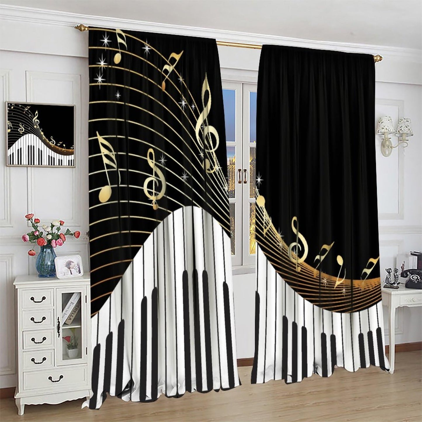 Black White Music Curtains，Abstract Piano Key Musical Notes Art Pattern Drapes Window 2 Panel Rod Pocket Curtain for Bedroom Living Room Decor 41" W X 45" L 30%