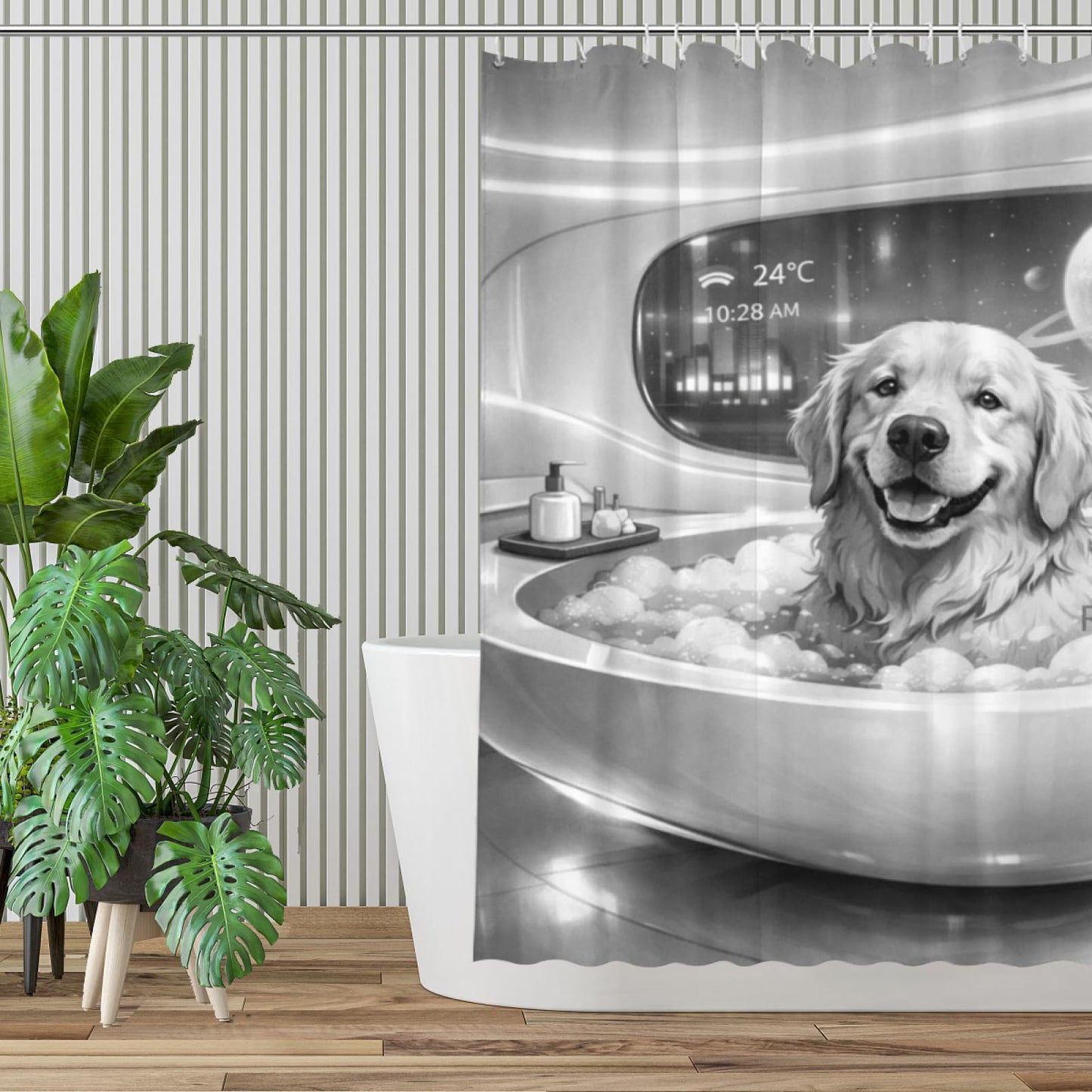 REZHOCH Black and White Fun Golden Retriever Dog Shower Curtain 72x72Inch,Futuristic Design Modern Minimalist Home Bathroom Decor,Cute Animal Bathtub Bubble Waterproof Bath Set with Hooks