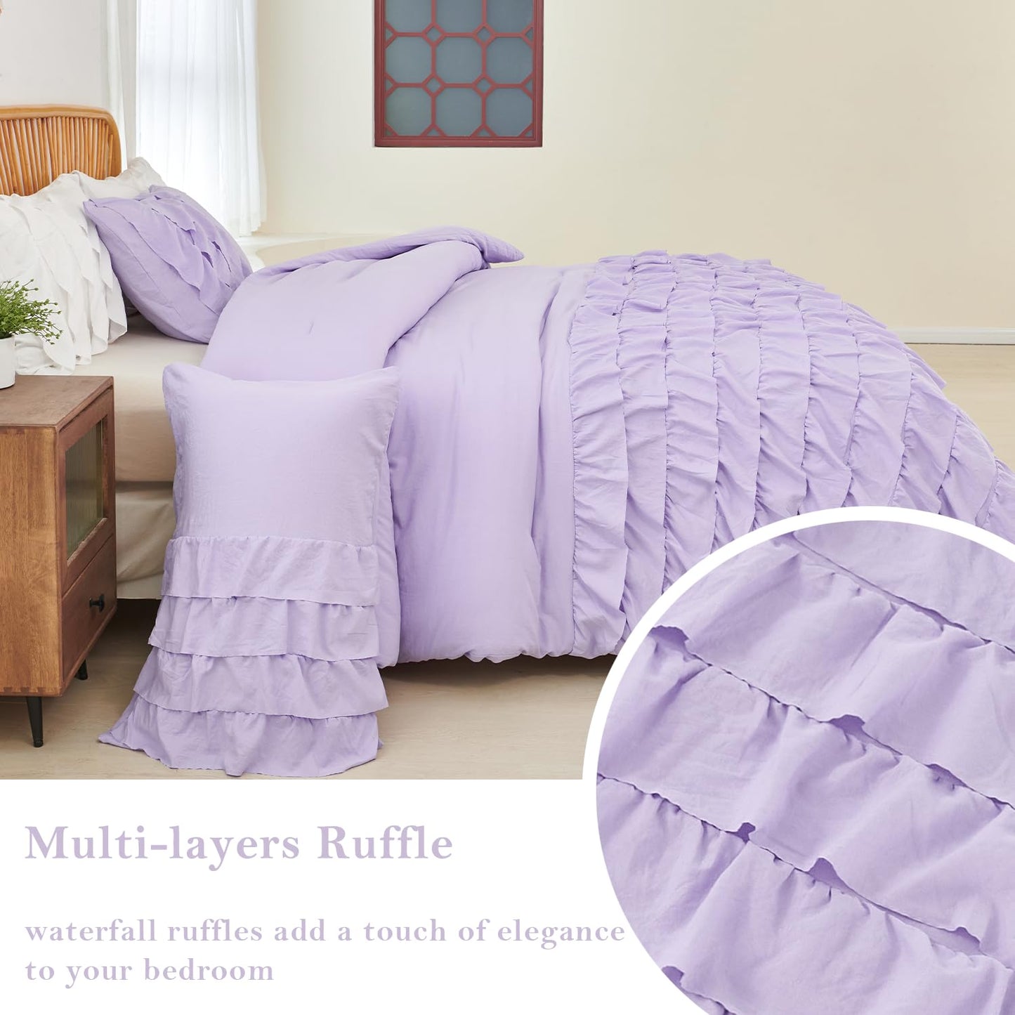 PERFEMET Lavender Purple Twin Bedding Sets for Girls 3 Pieces Multi Layers Ruffle Comforter Set Washed Microfiber Cute Princess Bedding Set Boho Bed Sets for Kids Teens Bedroom(Purple,Twin)