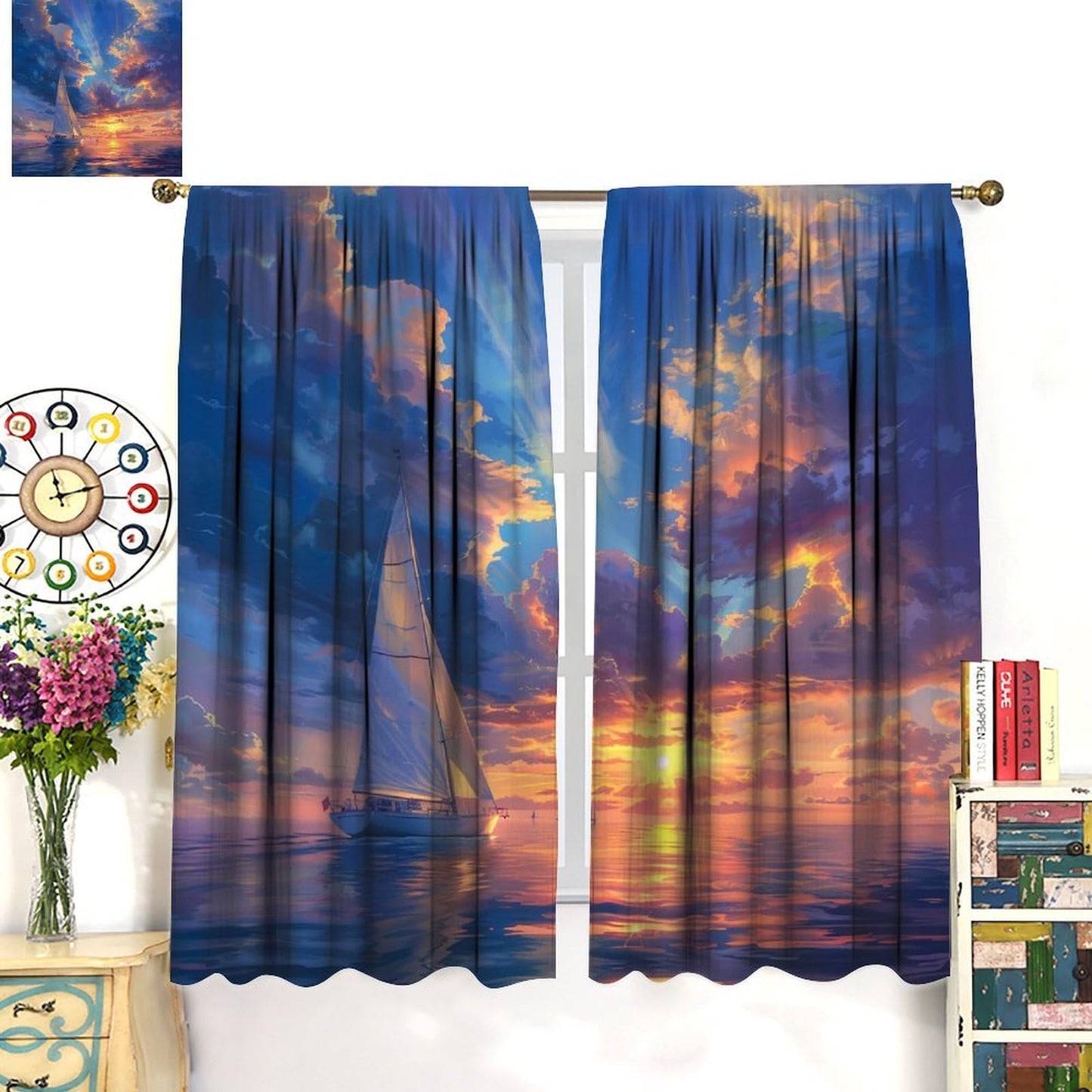 TOWINSFB Ocean Sunset Scenery Blackout Curtains for Living Room Bedroom, Retro Rustic Nature Nautical Sailboat Window Curtains Rod Pocket Thermal Insulated Window Drapes, 2 Panels, Each 21W x 45L