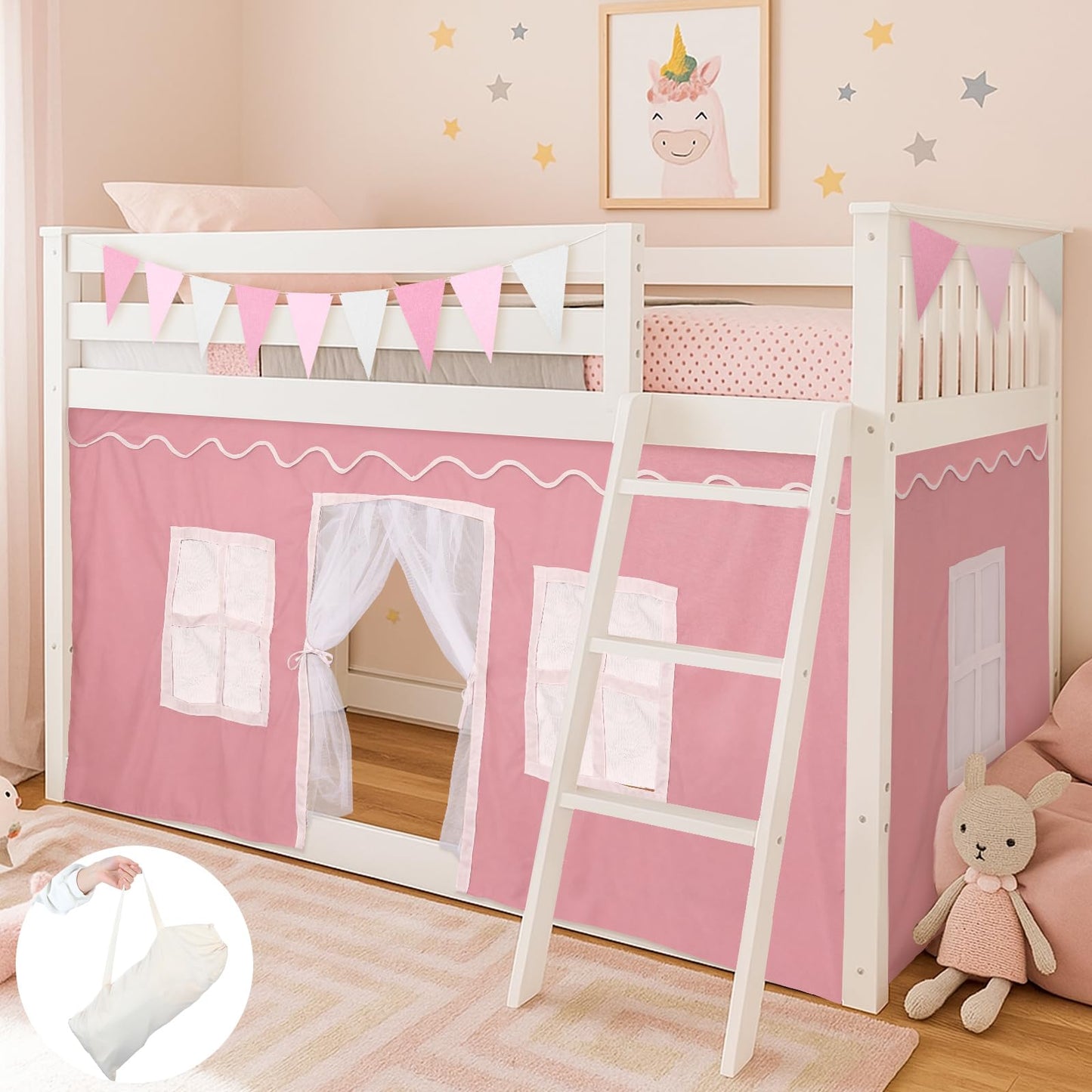 Breling 3 Panel Bunk Bed Curtains for Bottom Loft Bed Tent Set with Felt Flag Double-Layer Twin Bunk Curtains Playhouse Accessories for Boy Girl Bedroom(Pink and White,Classic)