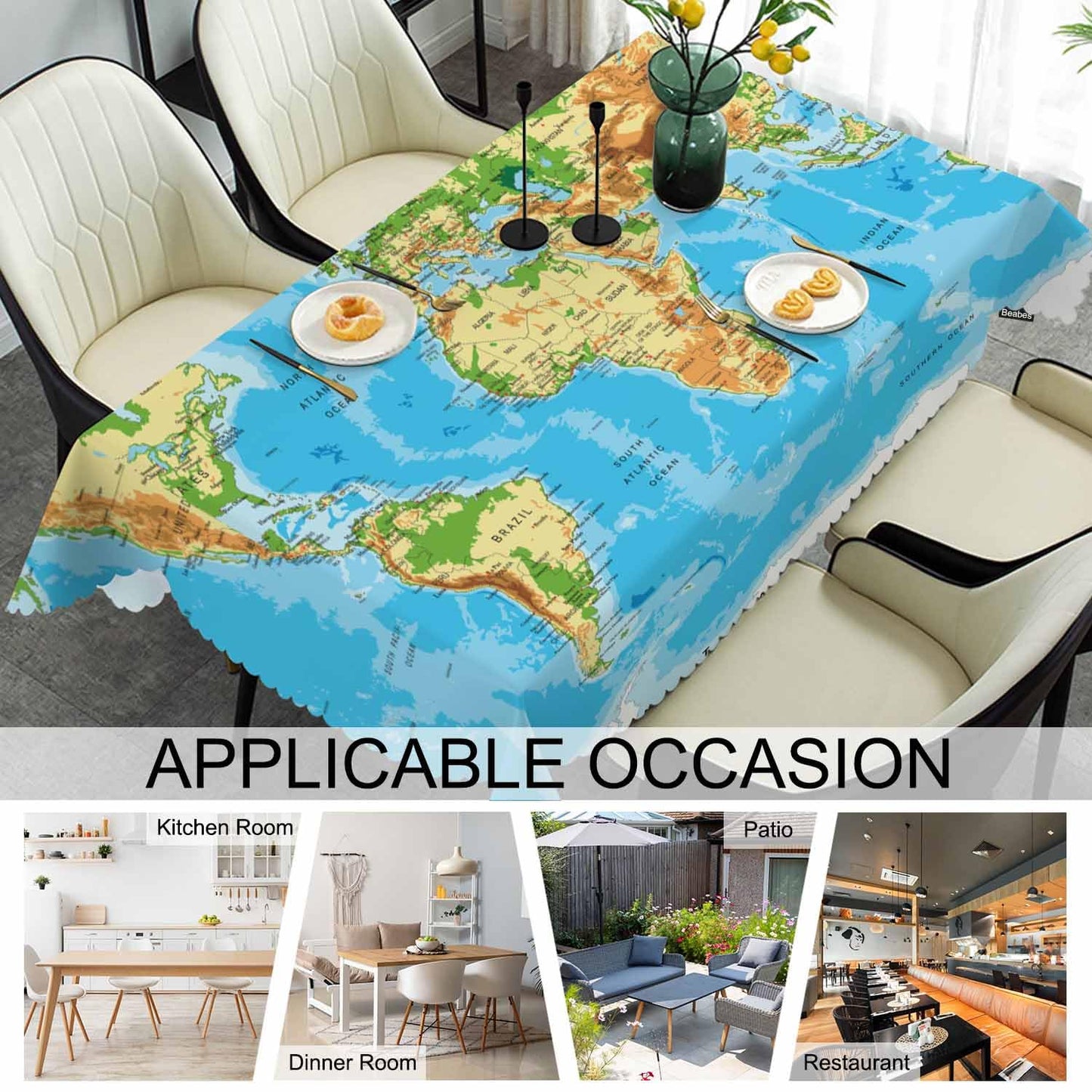 Beabes Tablecloth World Map 52 X 70 Inch, Physical World Map Blue Oblong Table Cloths Anti-Shrink Decorative Table Cover for Kitchen Dinning Tabletop Outdoor Picnic BBQ