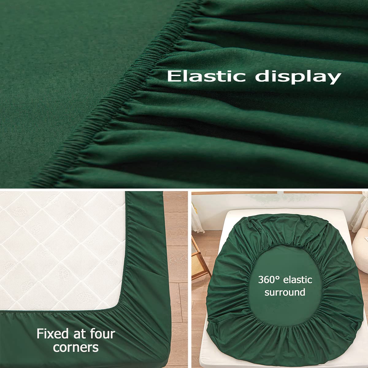 Bedding Queen Size Fitted Sheet Only- Bottom Mattress Fitted Sheet-Fits 15inches Deep Mattress Pocket -Soft and Microfibe-Shrinkage and Fade Resistantr-Easy Care-Dark Green