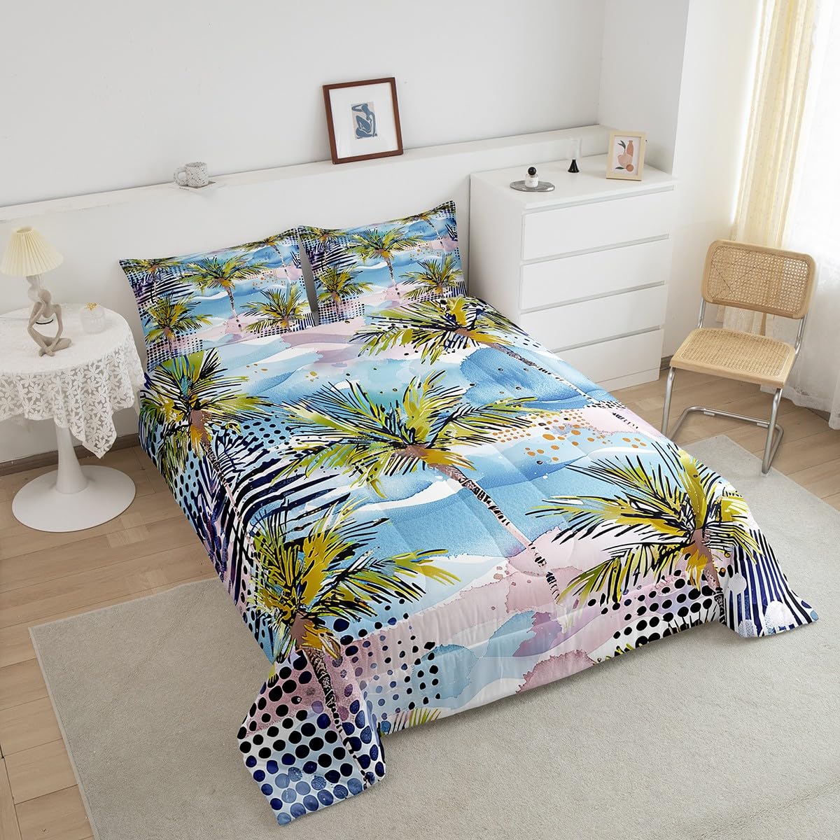 Manfei Sea Beach Comforter Set Twin Size Tropical Plant Theme Bedding Set 2pcs for Kids Boys Teens Room Decor, Palm Tree and Leaves Print Quilt Set Modern Fashion Duvet Set with 1 Pillowcase