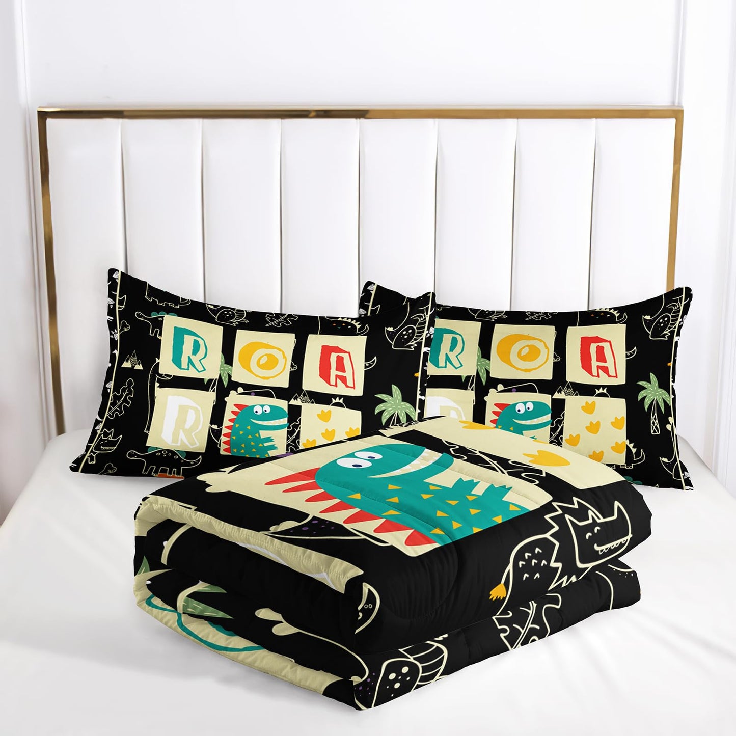 lneffble Kids Dinosaur Comforter Set Full Size for Boys，Black Full Size Dinosaur Bedding Sets for Boys with 1 Comforter with 2 Pillow Case