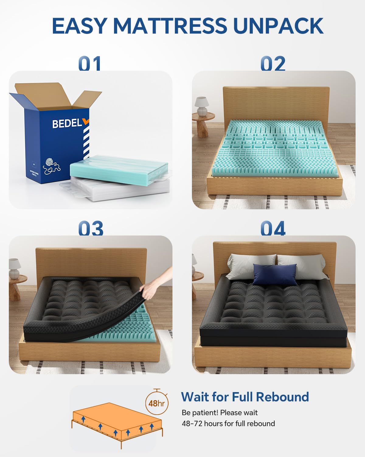 BEDELITE Dual Layer 4 Inch King Size Memory Foam Mattress Topper, 2 Inch Soft Pillow Top Mattress Pad Cover and 2 Inch Gel Memory Foam for Pressure Relief, 2-in-1 Design for Comfort & Support (Black)