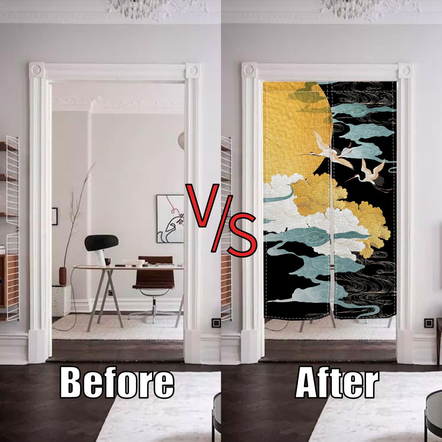 XMJJKUF Japanese Noren Doorway Curtain Japanese Style Cranes Moon Printed Window Treatment Single-Side Door Curtain Tapestry Panel for Room Privacy Partition Divider Home Decoration, 33.5"x 70.9"