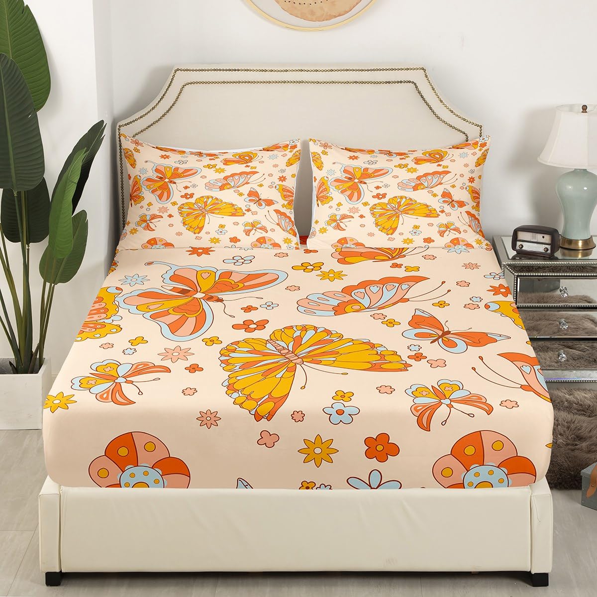 Retro 70S 60S Floral Hippie Bed Sheets Full For Kids Girls Cute Groovy Butterfly Flower Bedding Set Boho Natural Flowers Sheet Set Rainbow Garden Botanical Fitted Sheet + Flat Sheet + 2 Pillow Cases