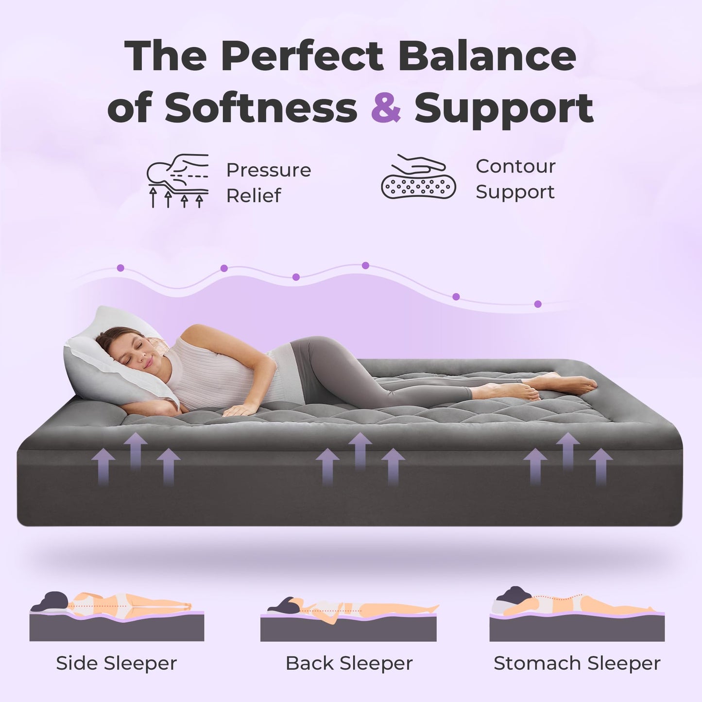 SINWEEK 5 Inch Dual Layer Memory Foam Mattress Topper Queen Size, 2 Inch Gel Memory Foam Plus 3 Inch Plush Soft Pillow Top Cover Filled with 1450GSM Down Alternative Filling,Gray