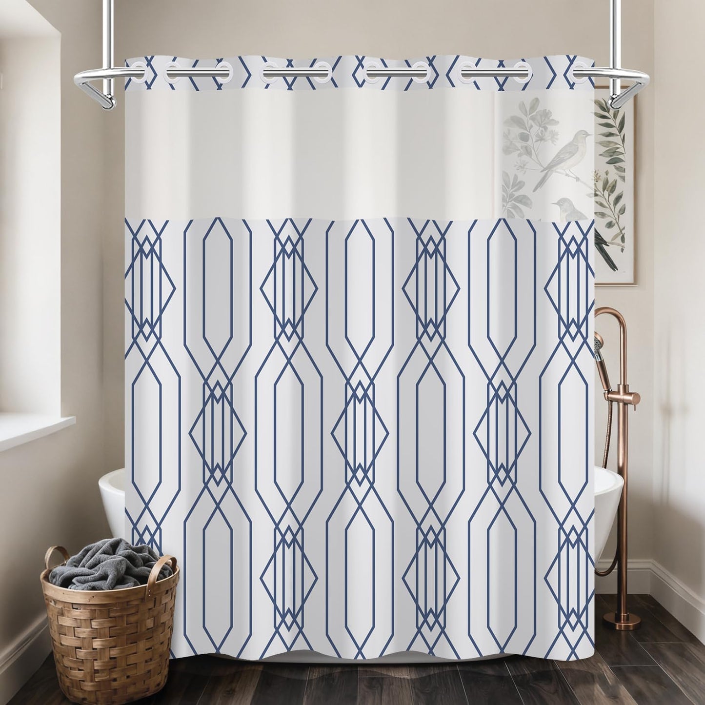 NAEMBCU No Hook Shower Curtain and Liner Set - Blue Gray Geometric Bathroom Shower Curtain with Liner, Waterproof Fabric with See Through Top Window, 71x74 Inch