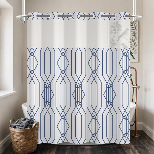 NAEMBCU No Hook Shower Curtain and Liner Set - Blue Gray Geometric Bathroom Shower Curtain with Liner, Waterproof Fabric with See Through Top Window, 71x74 Inch