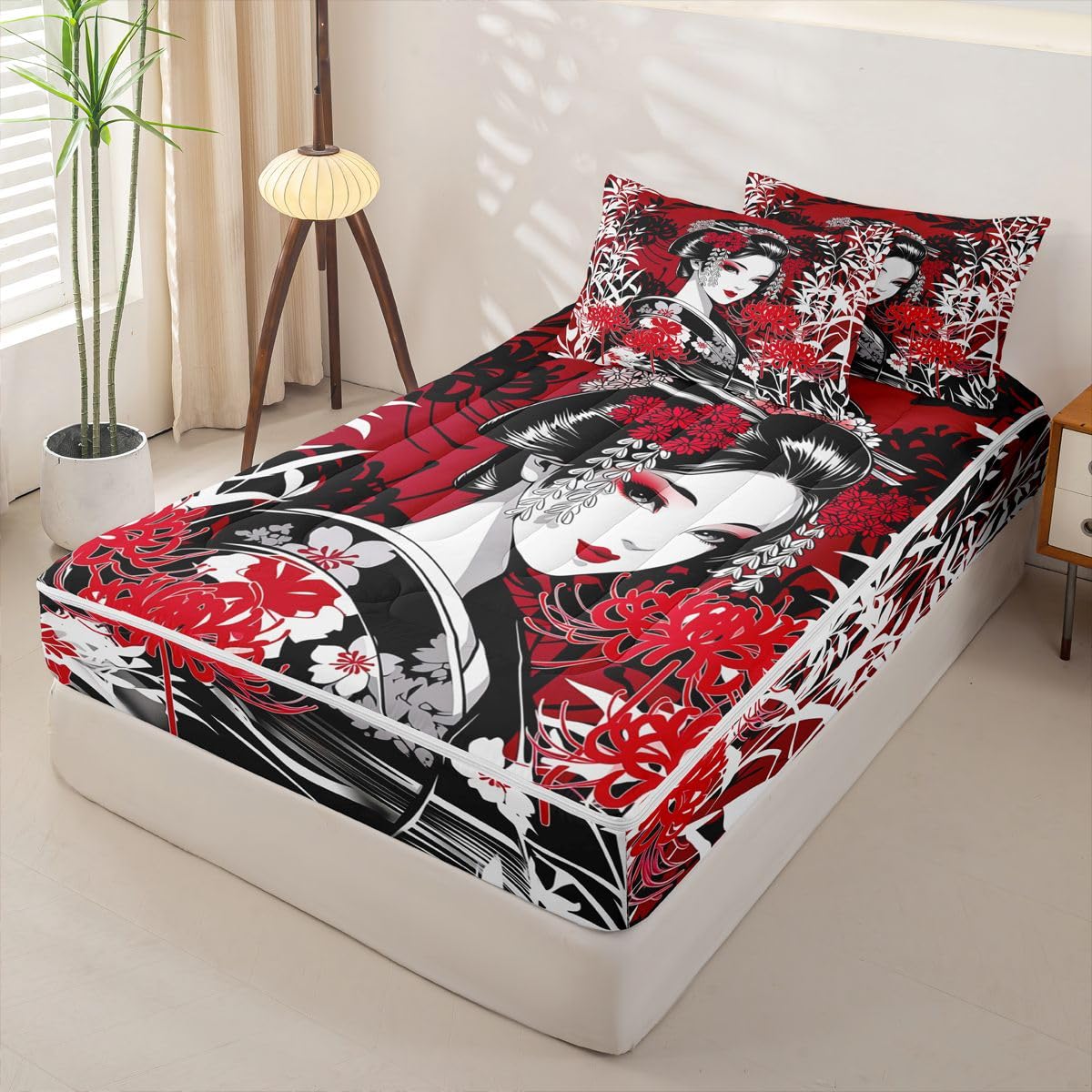 Erosebridal Geisha Beauty Kids Comforter Set with Zipper, Japanese Style Twin Size Zipper Bedding Set, Traditional Geisha Bamboo Flowers Bed-in-A-Bag