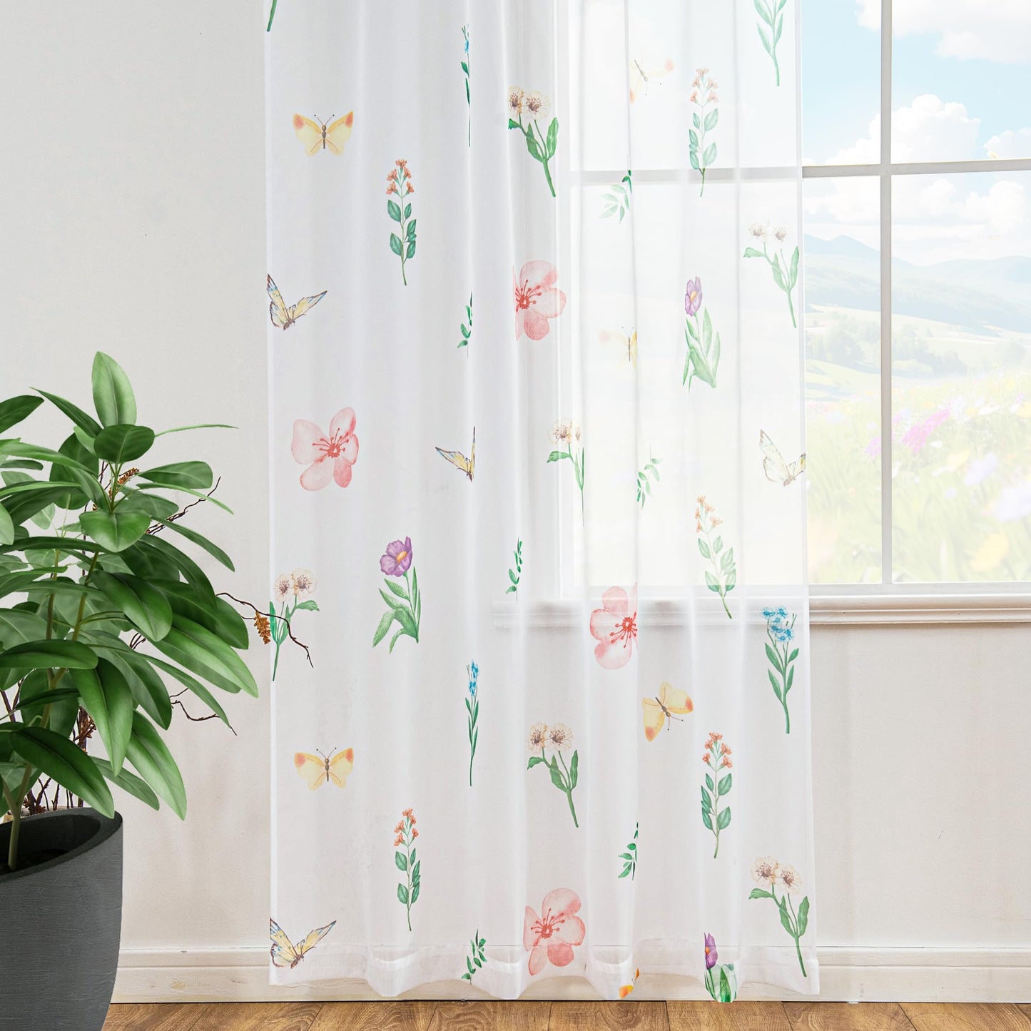 youleyar Floral Sheer Curtains for Living Room 84 Inches Long 2 Panels White Semi-Sheer Curtain with Flower/Leaves Printed Pattern Summer/Spring Rod Pocket Voile Drapes for Bedroom, 52" W x 84" L
