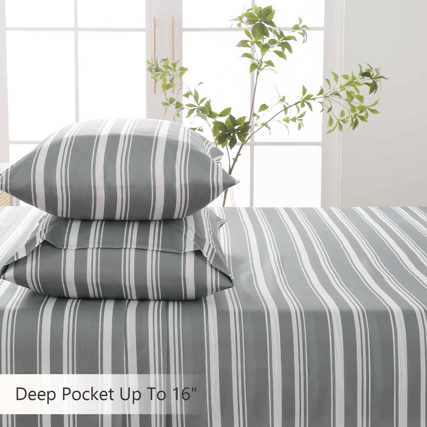 MCO 4Pieces Striped Sheets Set, Breathable King Sheet Set with 16" Deep Pocket,Modern & Luxury, Brushed Microfiber Bedding Set(King, Gray)