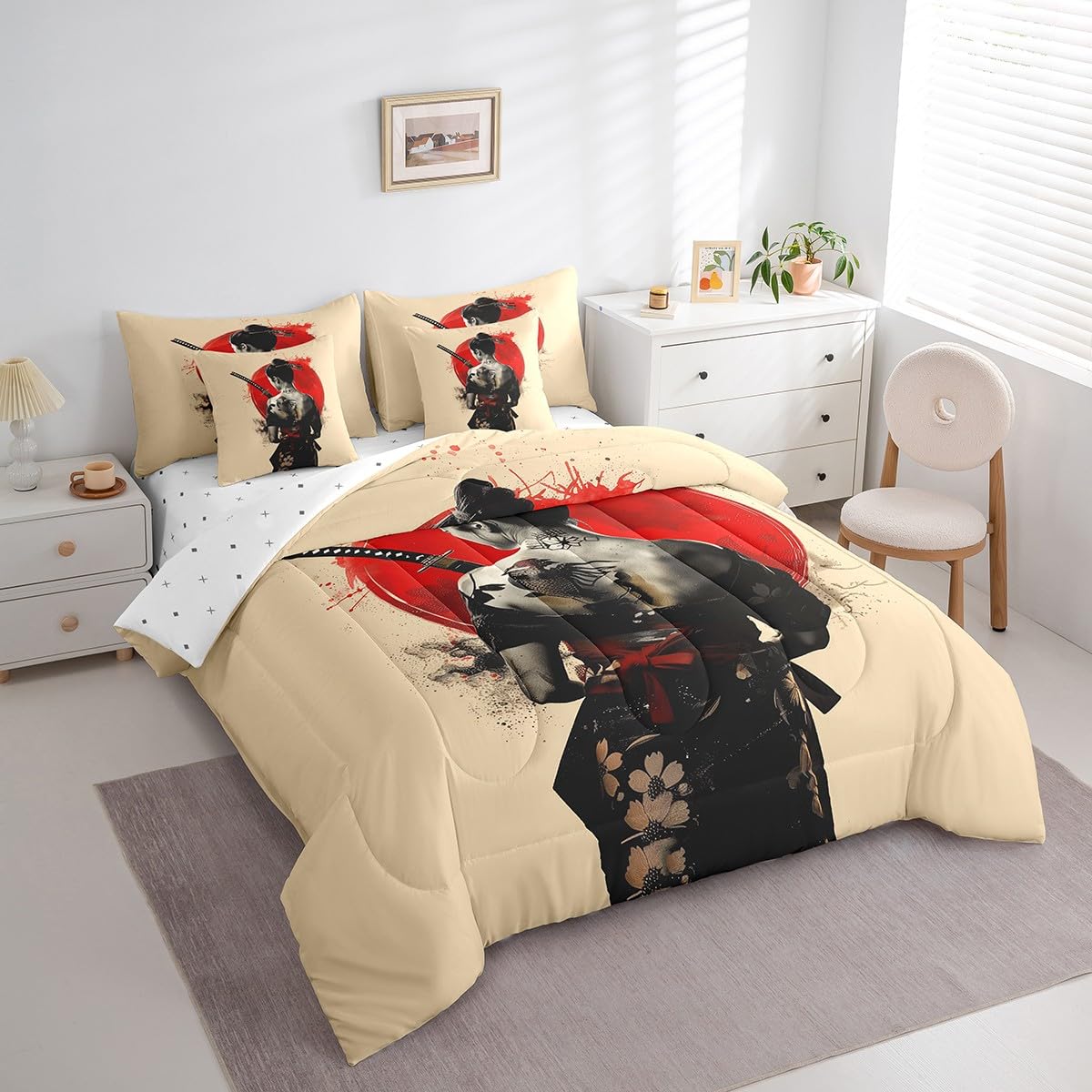 Feelyou Kids Japanese Geishas Comforter Set Twin Size 7 Pieces Red Sunset Bedding Set Japanese Style Japanese Tradition Aesthetic Bed in a Bag with Comforter, Sheets, Pillowcases & Cushion Cover